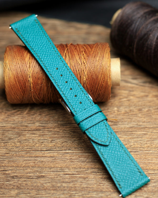 LEATHER WATCH STRAP, JADE BLUE EPSOM LEATHER HANDMADE BAND.