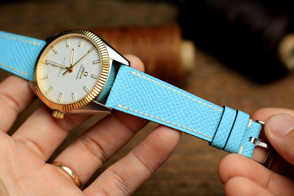 LEATHER WATCH STRAP, BABY BLUE EPSOM LEATHER WATCH BAND.