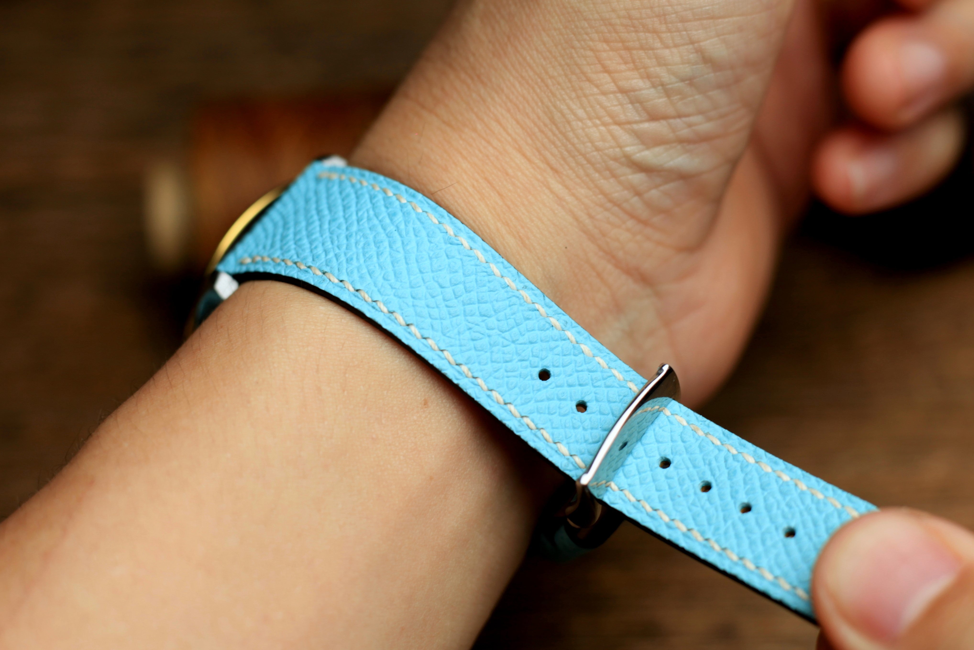 LEATHER WATCH STRAP, BABY BLUE EPSOM LEATHER WATCH BAND.