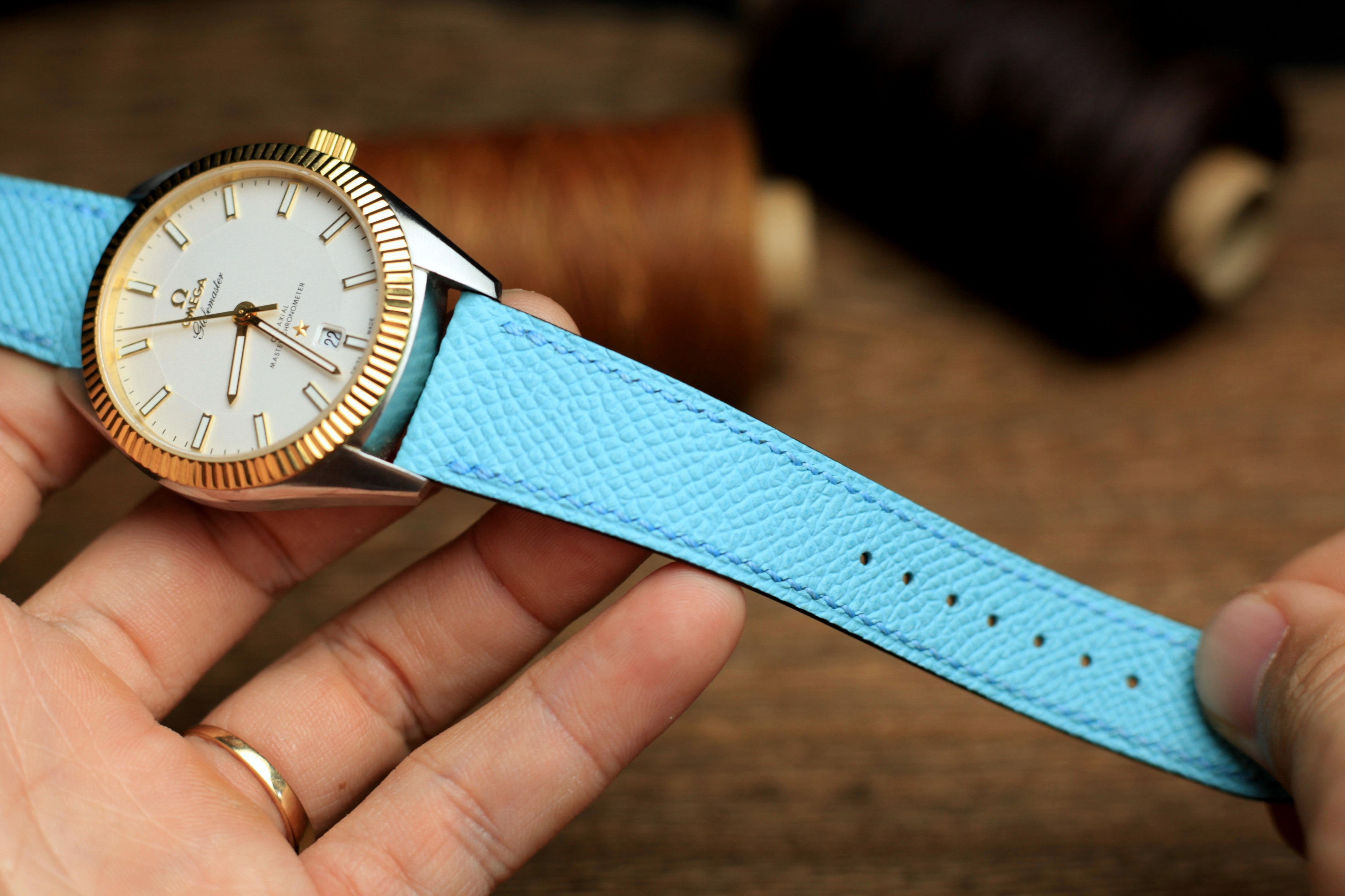 LEATHER WATCH STRAP, BABY BLUE EPSOM LEATHER WATCH BAND.