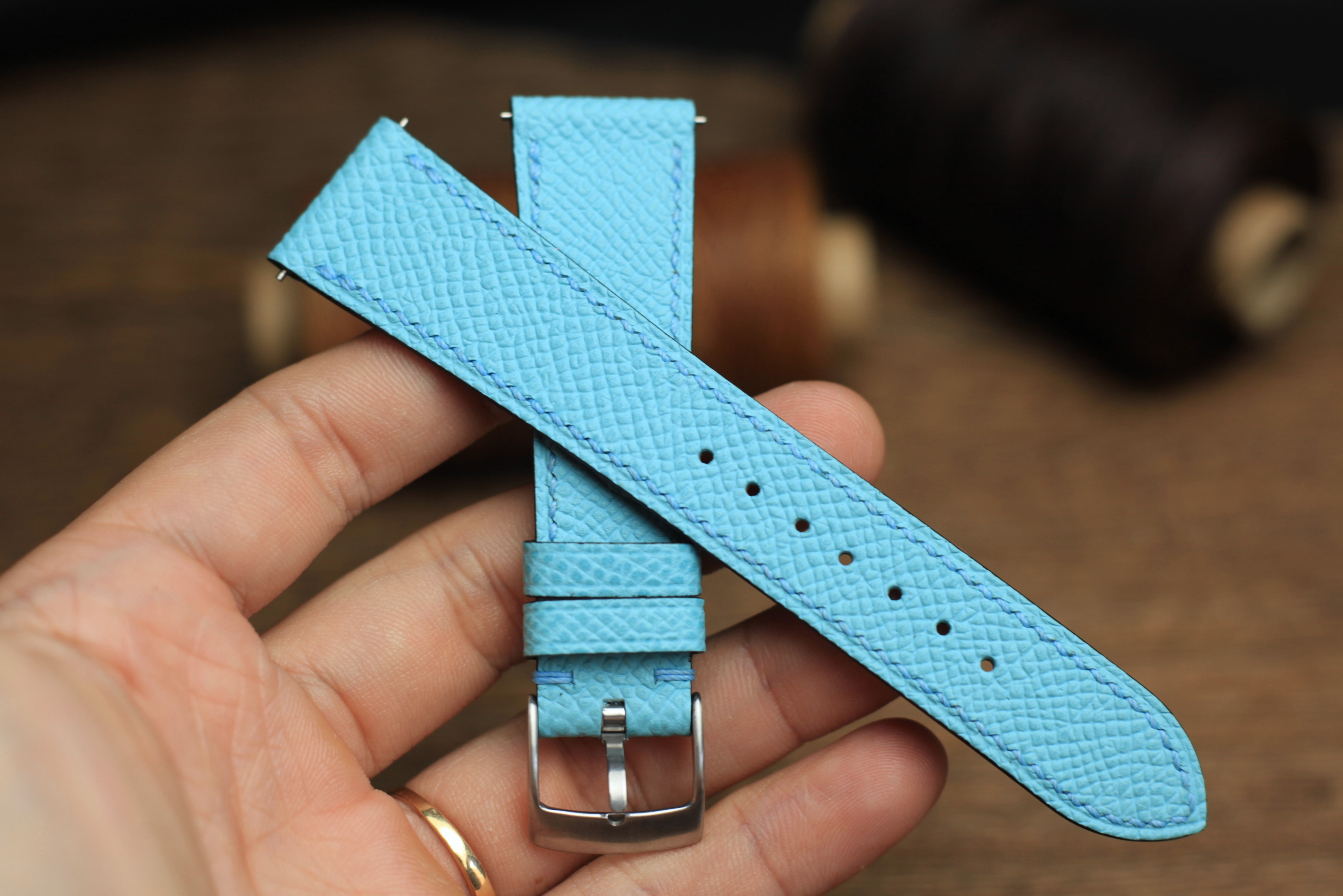 LEATHER WATCH STRAP, BABY BLUE EPSOM LEATHER WATCH BAND.