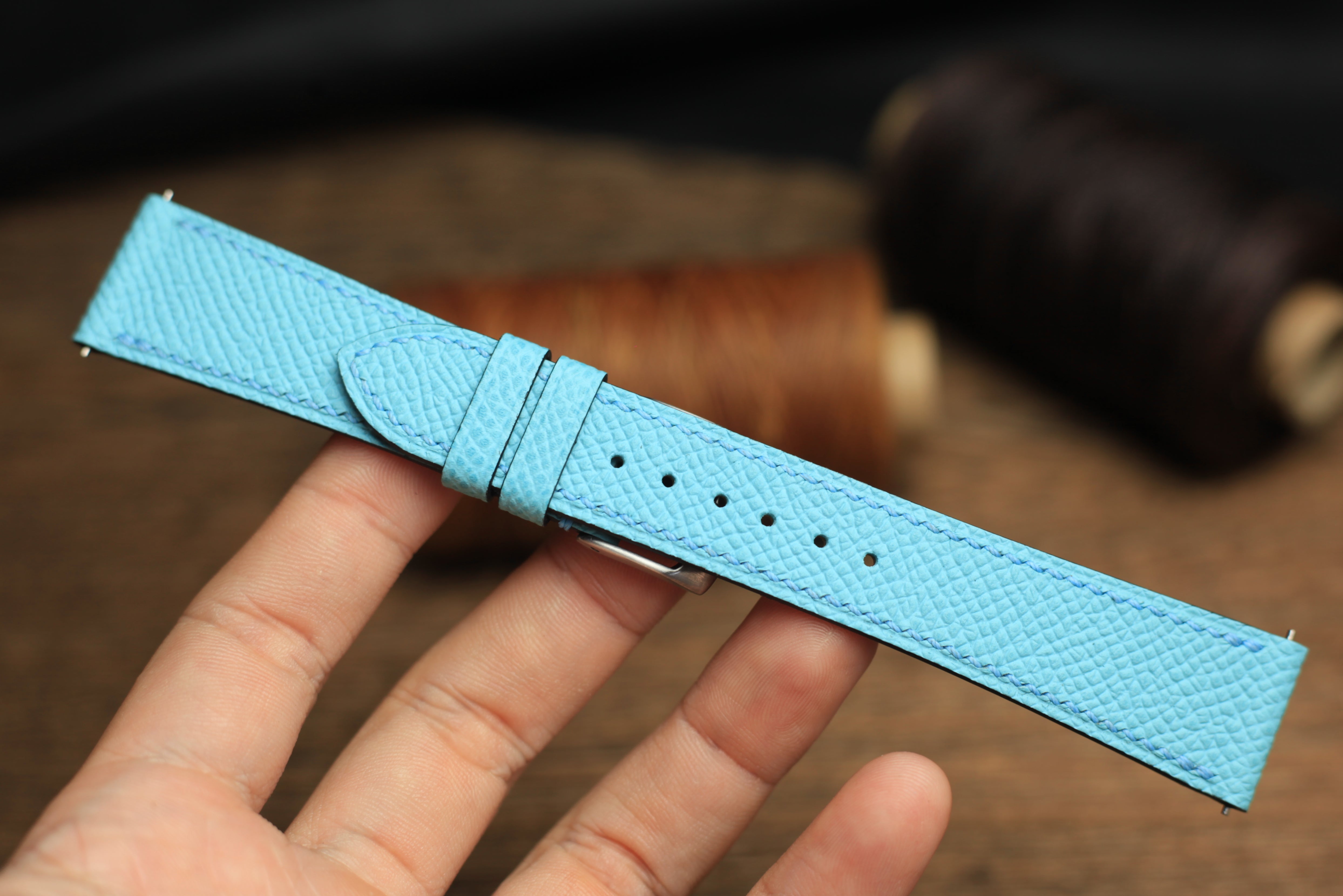 LEATHER WATCH STRAP, BABY BLUE EPSOM LEATHER WATCH BAND.