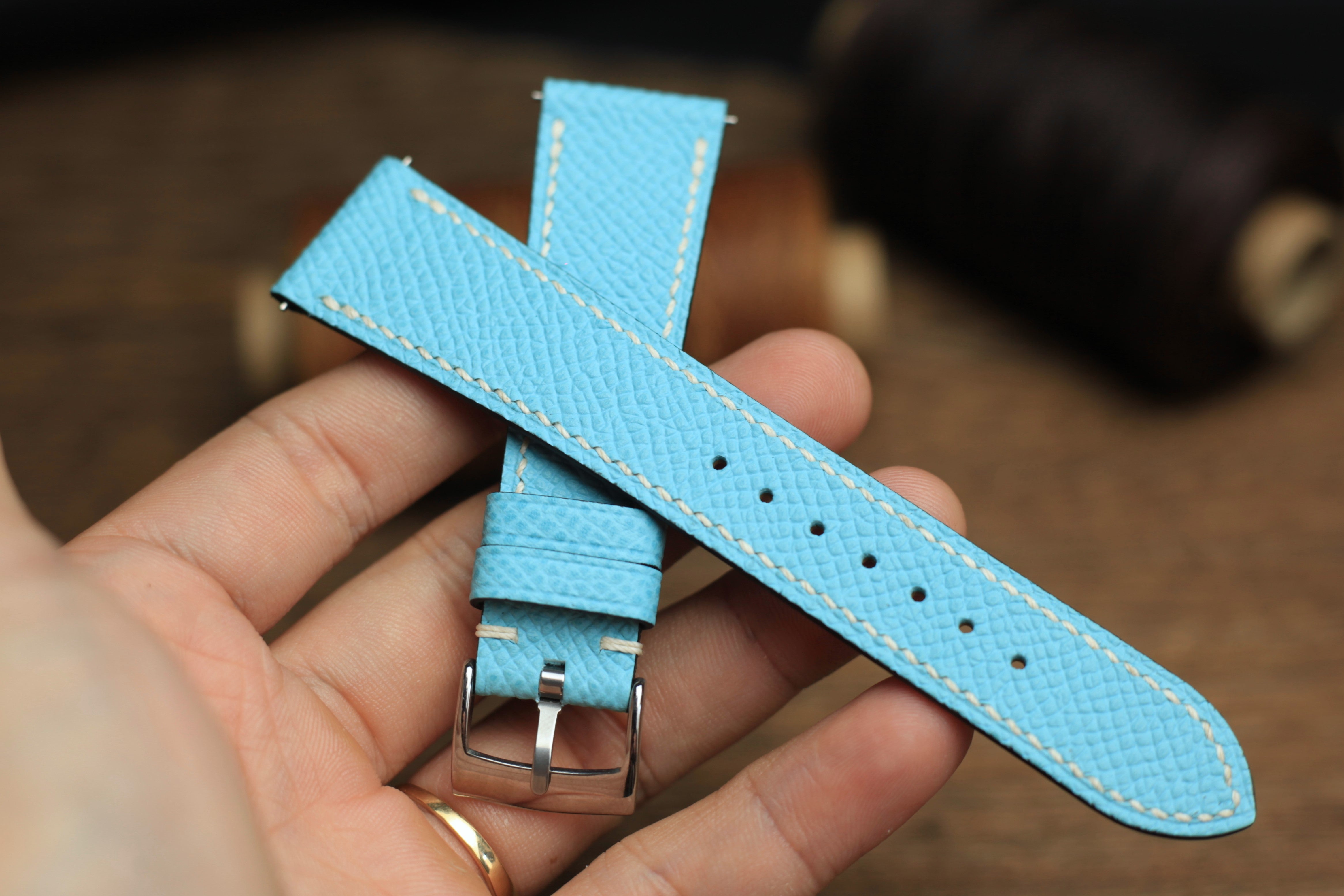 LEATHER WATCH STRAP, BABY BLUE EPSOM LEATHER WATCH BAND.