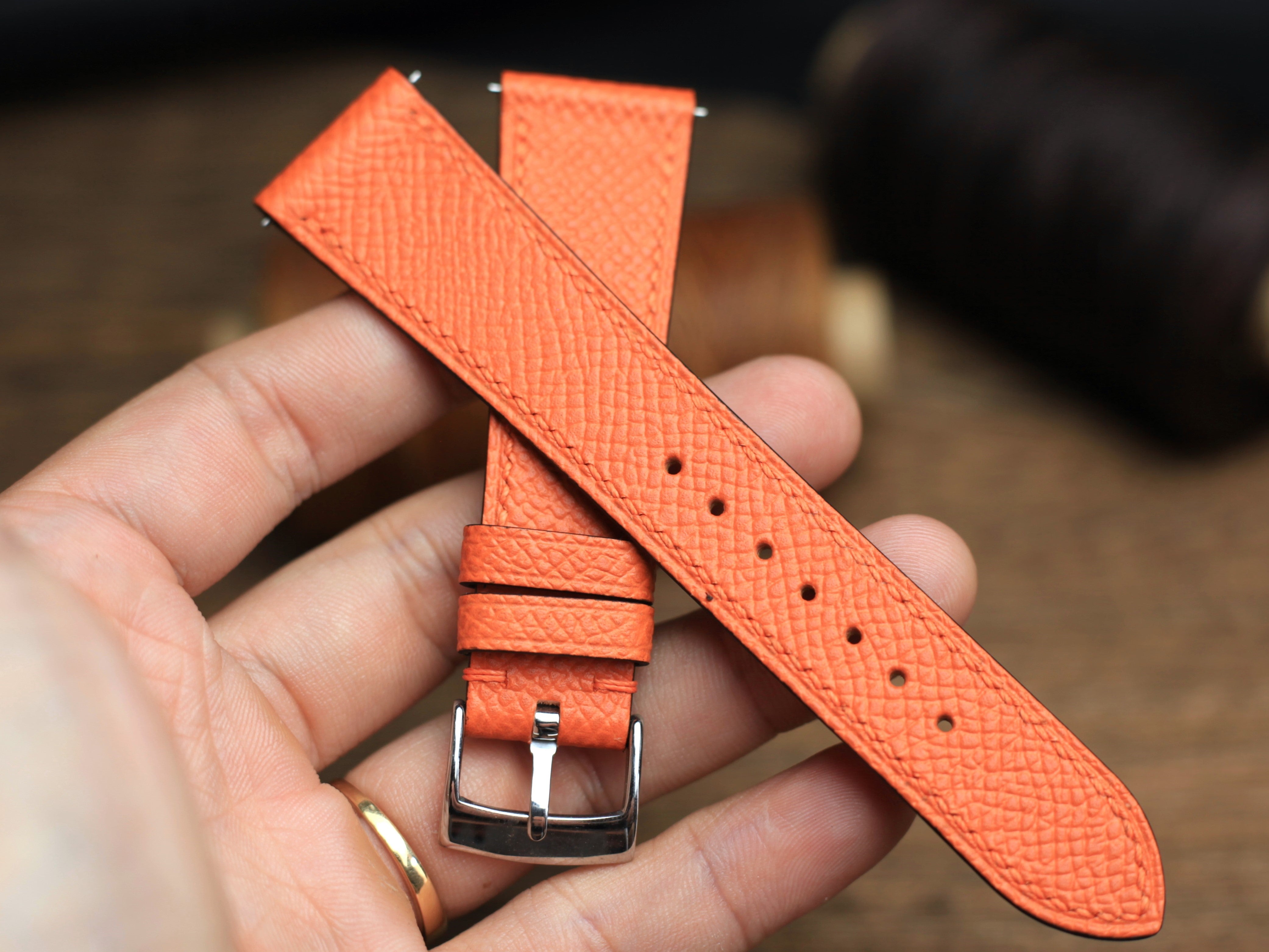 LEATHER WATCH STRAP, ORANGE EPSOM LEATHER HANDMADE BAND.