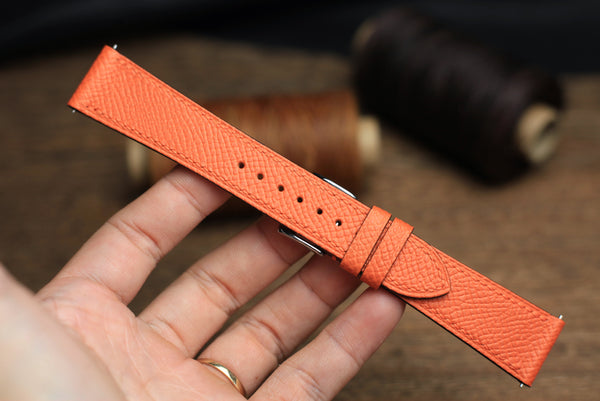 LEATHER WATCH STRAP, ORANGE EPSOM LEATHER HANDMADE BAND.