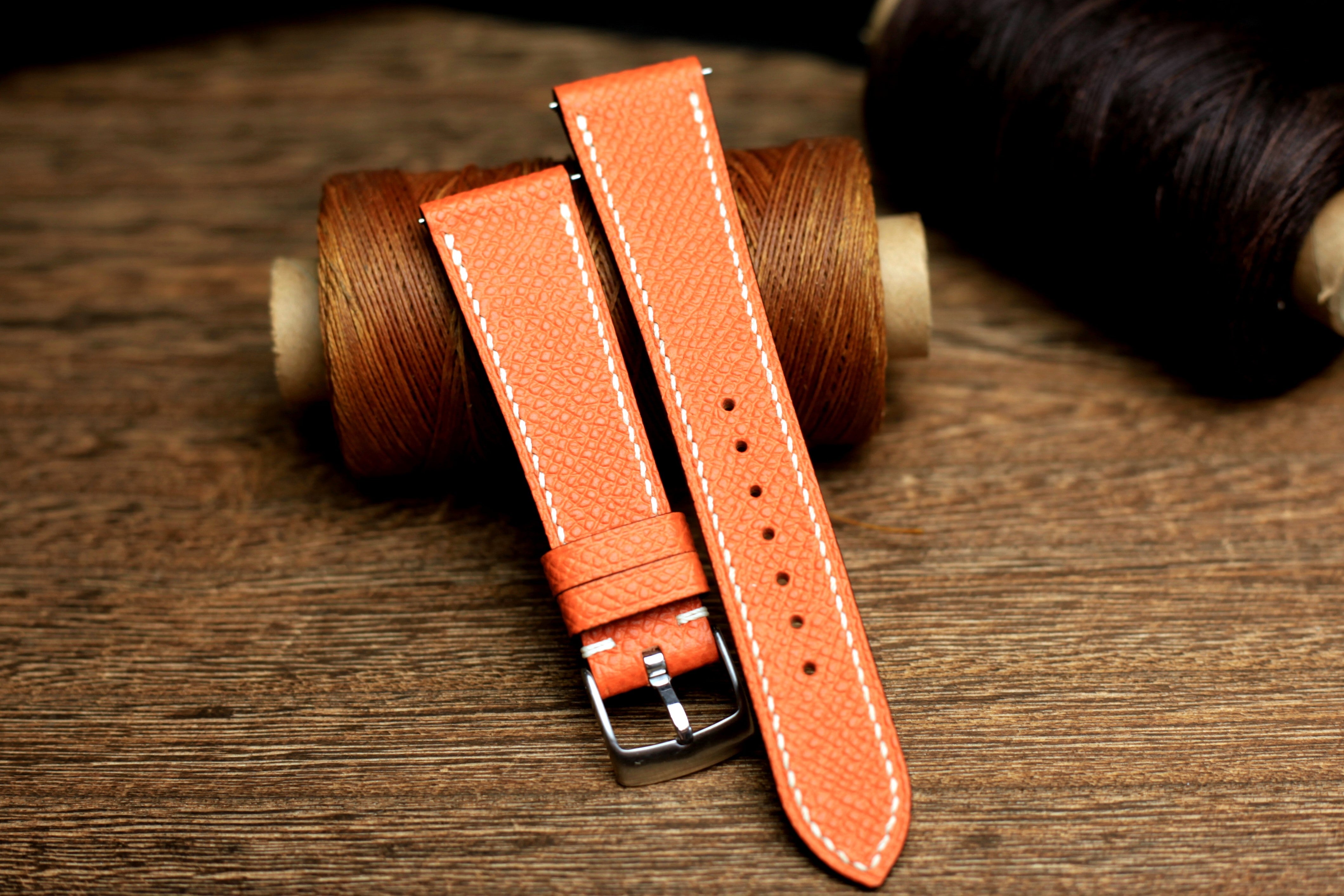 LEATHER WATCH STRAP, ORANGE EPSOM LEATHER HANDMADE BAND.