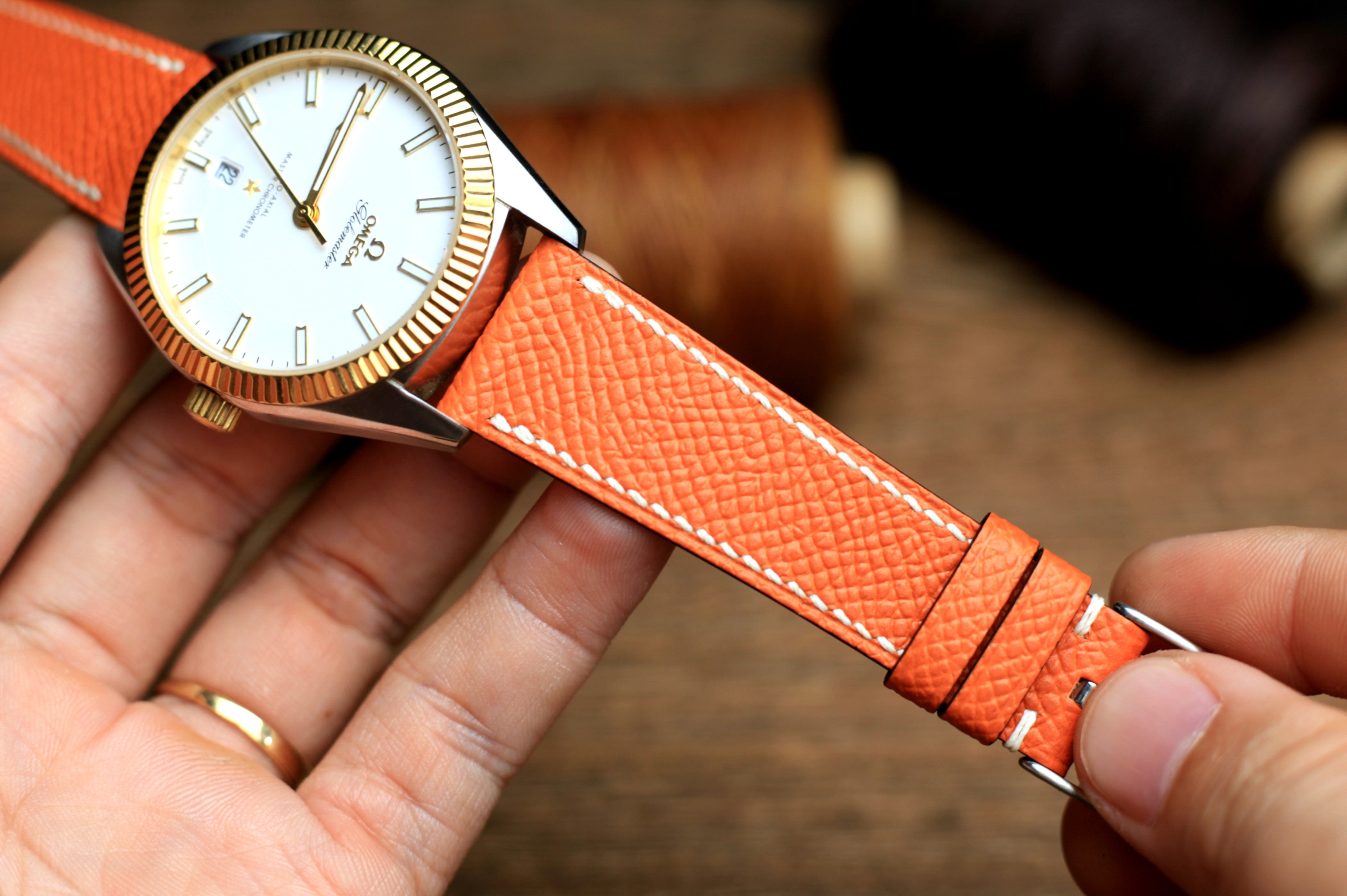 LEATHER WATCH STRAP, ORANGE EPSOM LEATHER HANDMADE BAND.