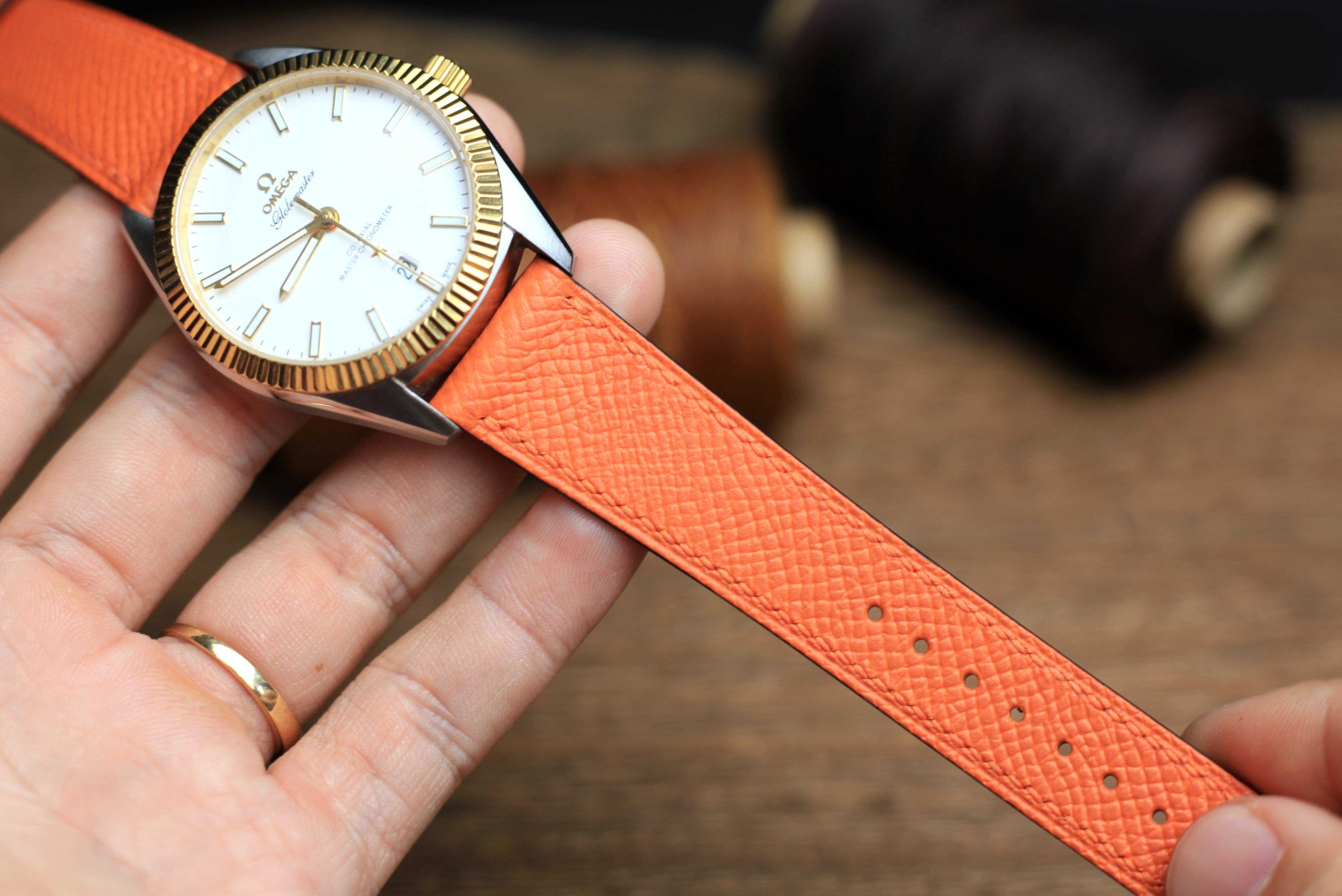 LEATHER WATCH STRAP, ORANGE EPSOM LEATHER HANDMADE BAND.