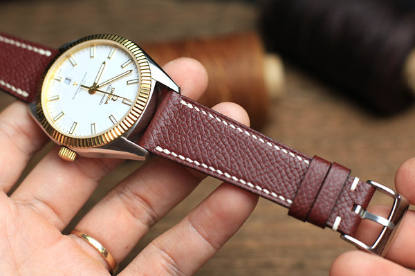 LEATHER WATCH STRAP, EPSOM BURGUNDY HANDMADE WATCH BAND.