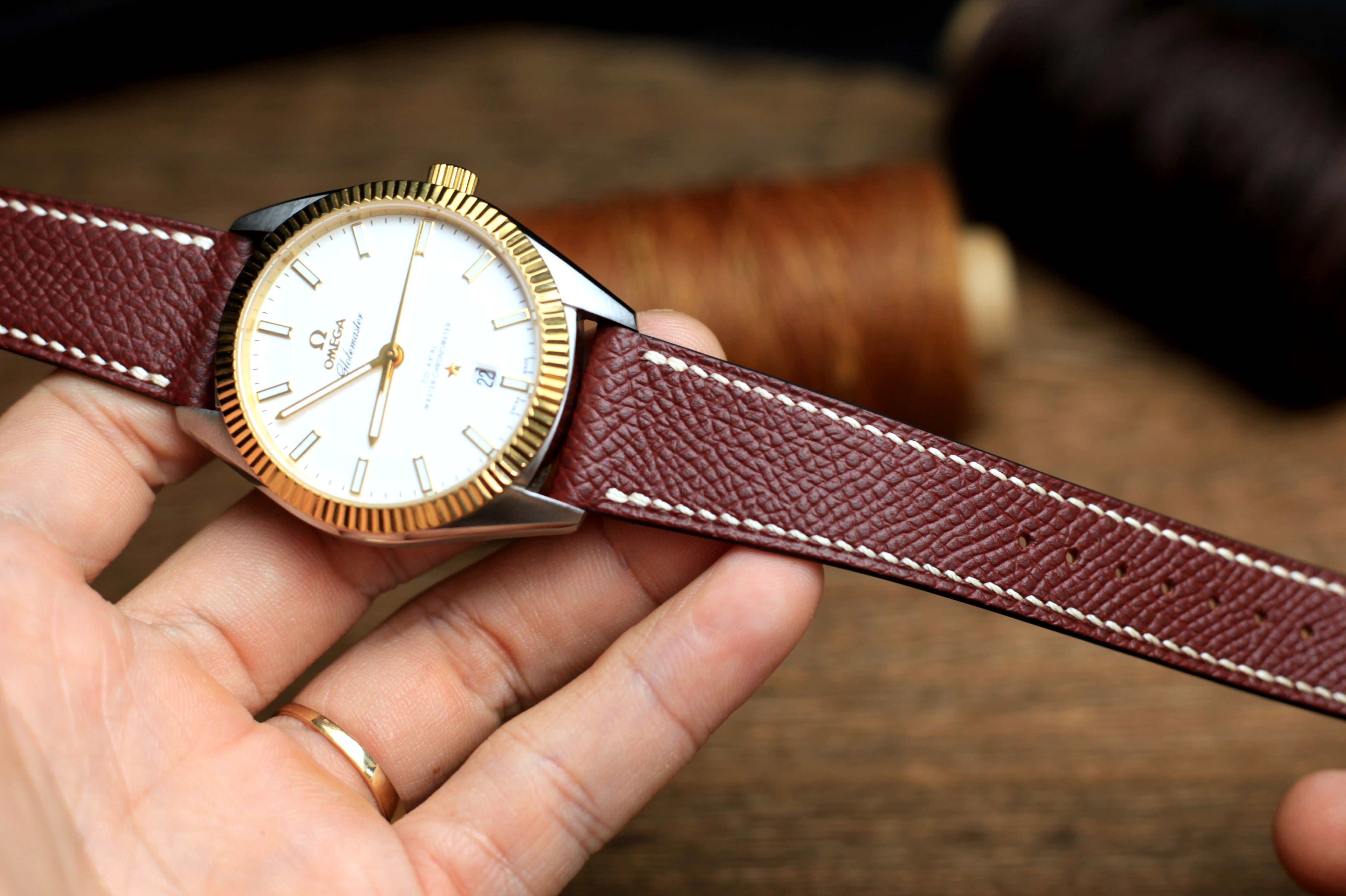 Leather Watch Strap, Epsom Burgundy Handmade Watch Band