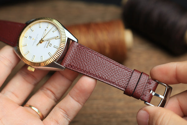 LEATHER WATCH STRAP, EPSOM BURGUNDY LEATHER HANDMADE BAND.