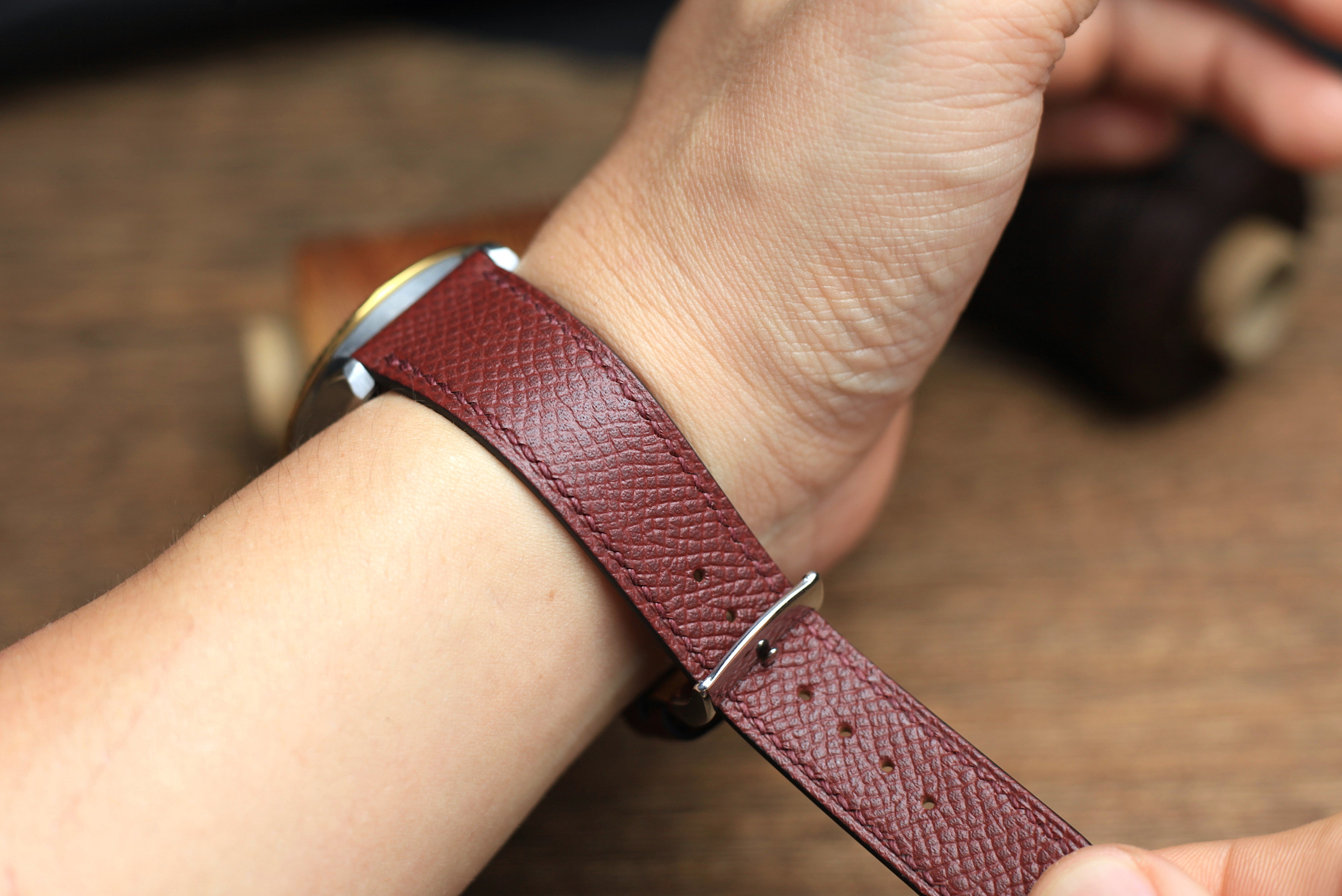 LEATHER WATCH STRAP, EPSOM BURGUNDY LEATHER HANDMADE BAND.