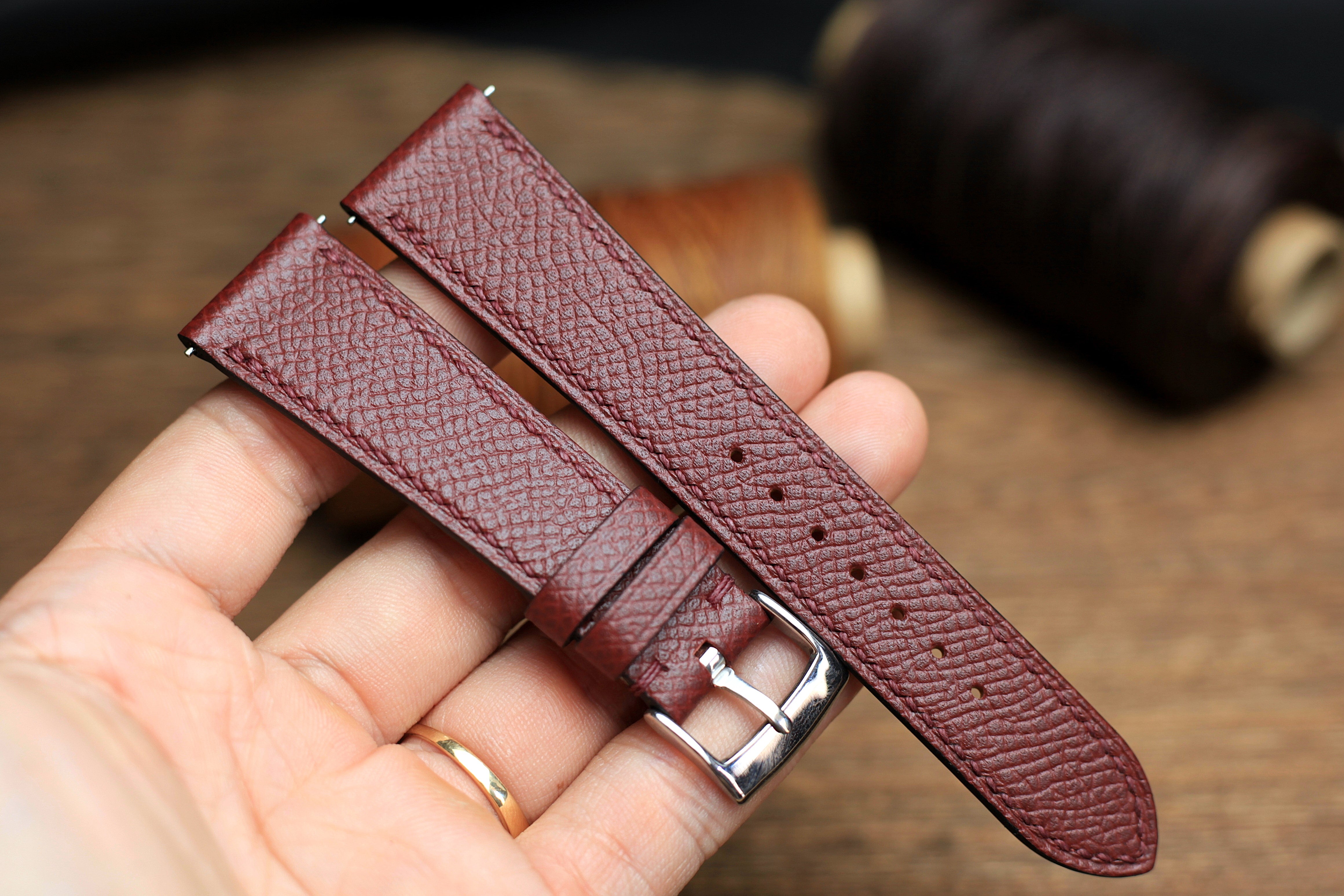 LEATHER WATCH STRAP, EPSOM BURGUNDY LEATHER HANDMADE BAND.