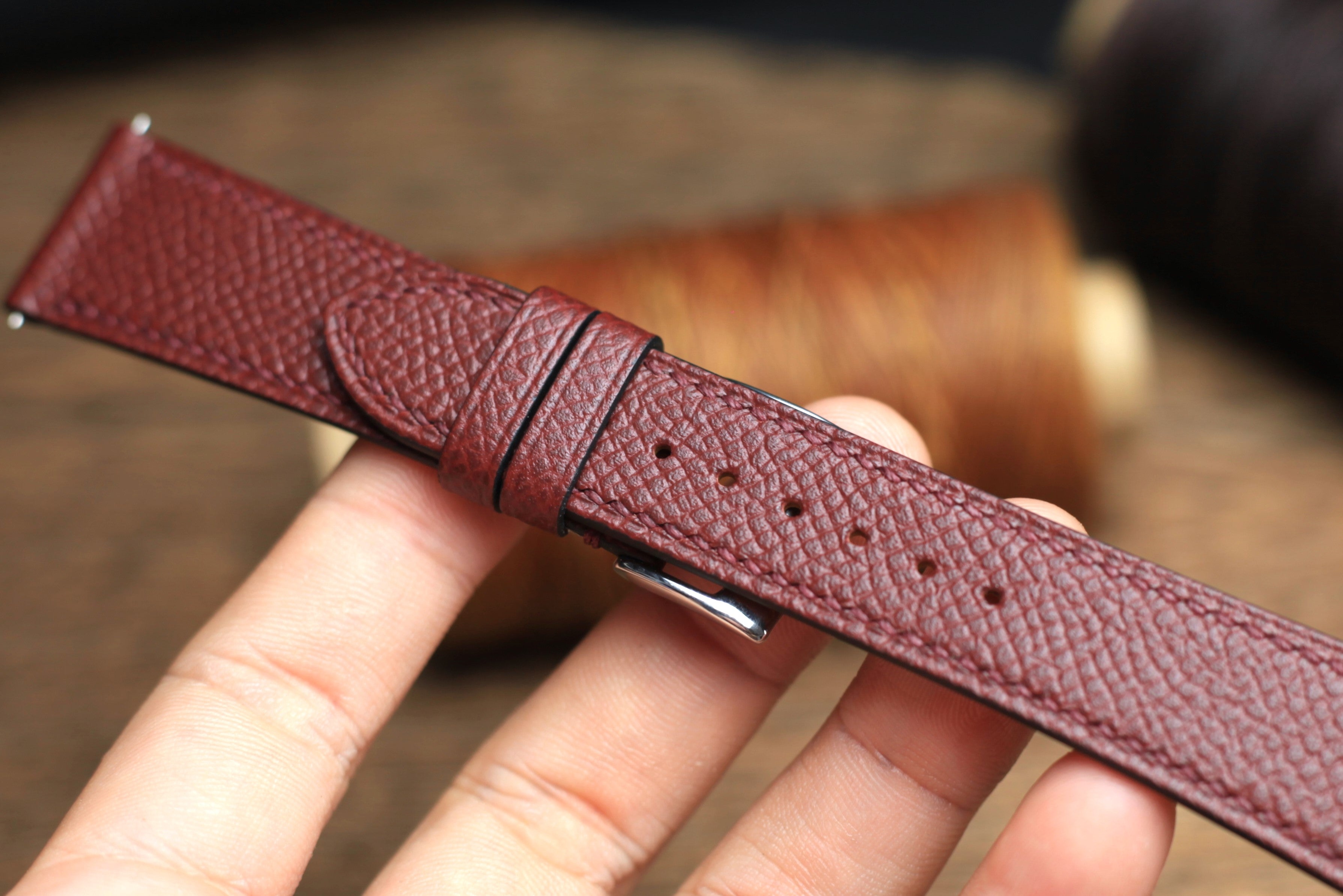 LEATHER WATCH STRAP, EPSOM BURGUNDY LEATHER HANDMADE BAND.