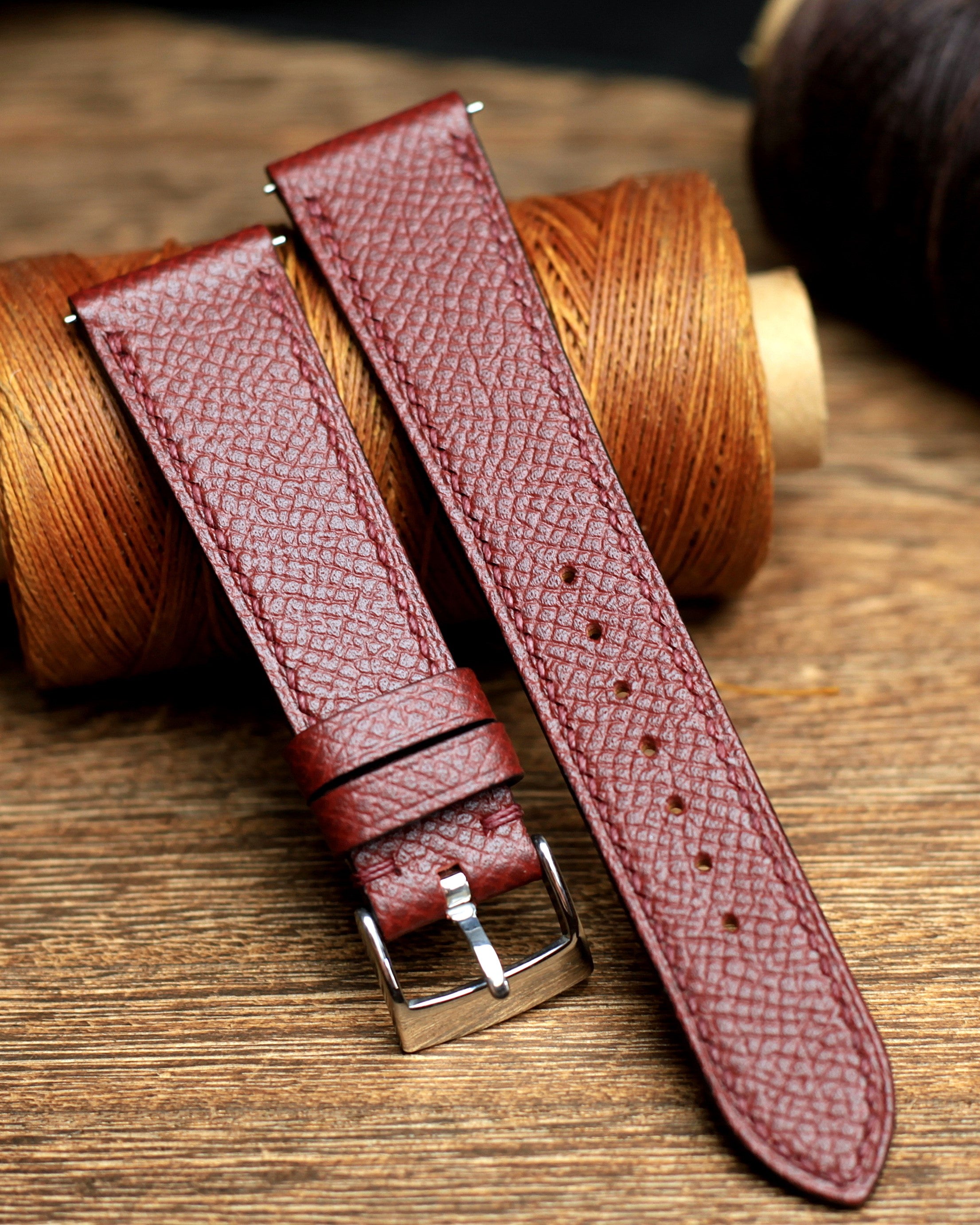 LEATHER WATCH STRAP, EPSOM BURGUNDY LEATHER HANDMADE BAND.