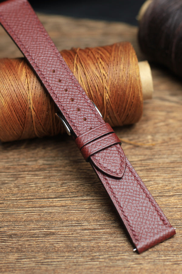 LEATHER WATCH STRAP, EPSOM BURGUNDY LEATHER HANDMADE BAND.