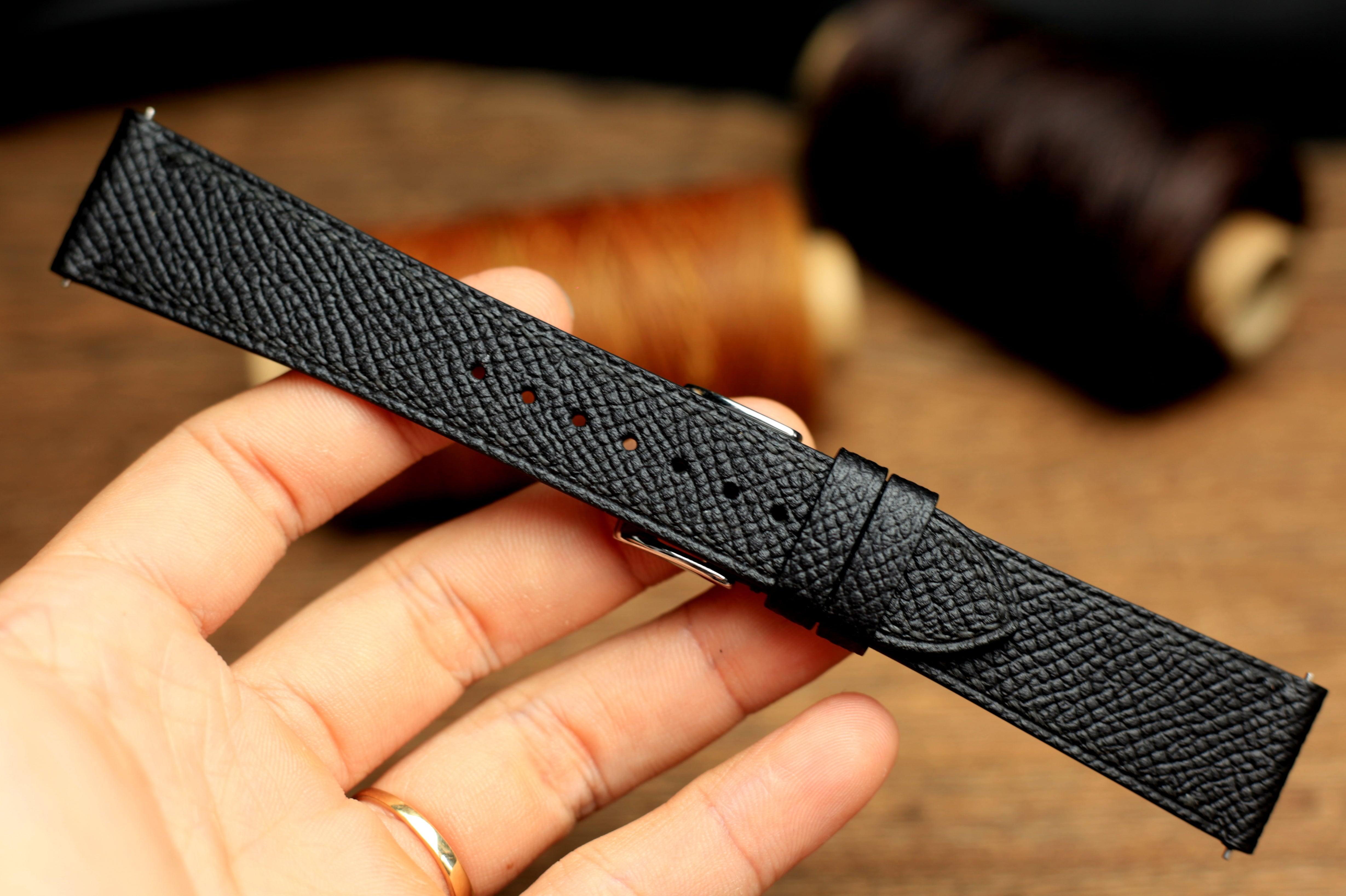 LEATHER WATCH STRAP, BLACK EPSOM LEATHER HANDMADE BAND.