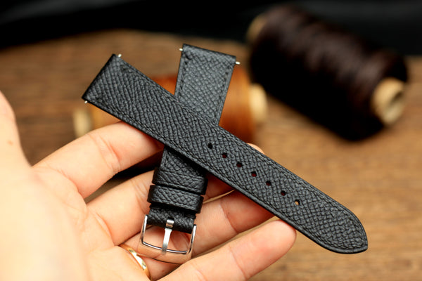 LEATHER WATCH STRAP, BLACK EPSOM LEATHER HANDMADE BAND.