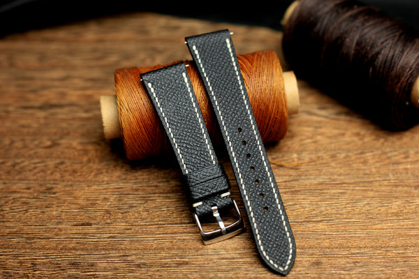 LEATHER WATCH STRAP, BLACK EPSOM LEATHER HANDMADE BAND.