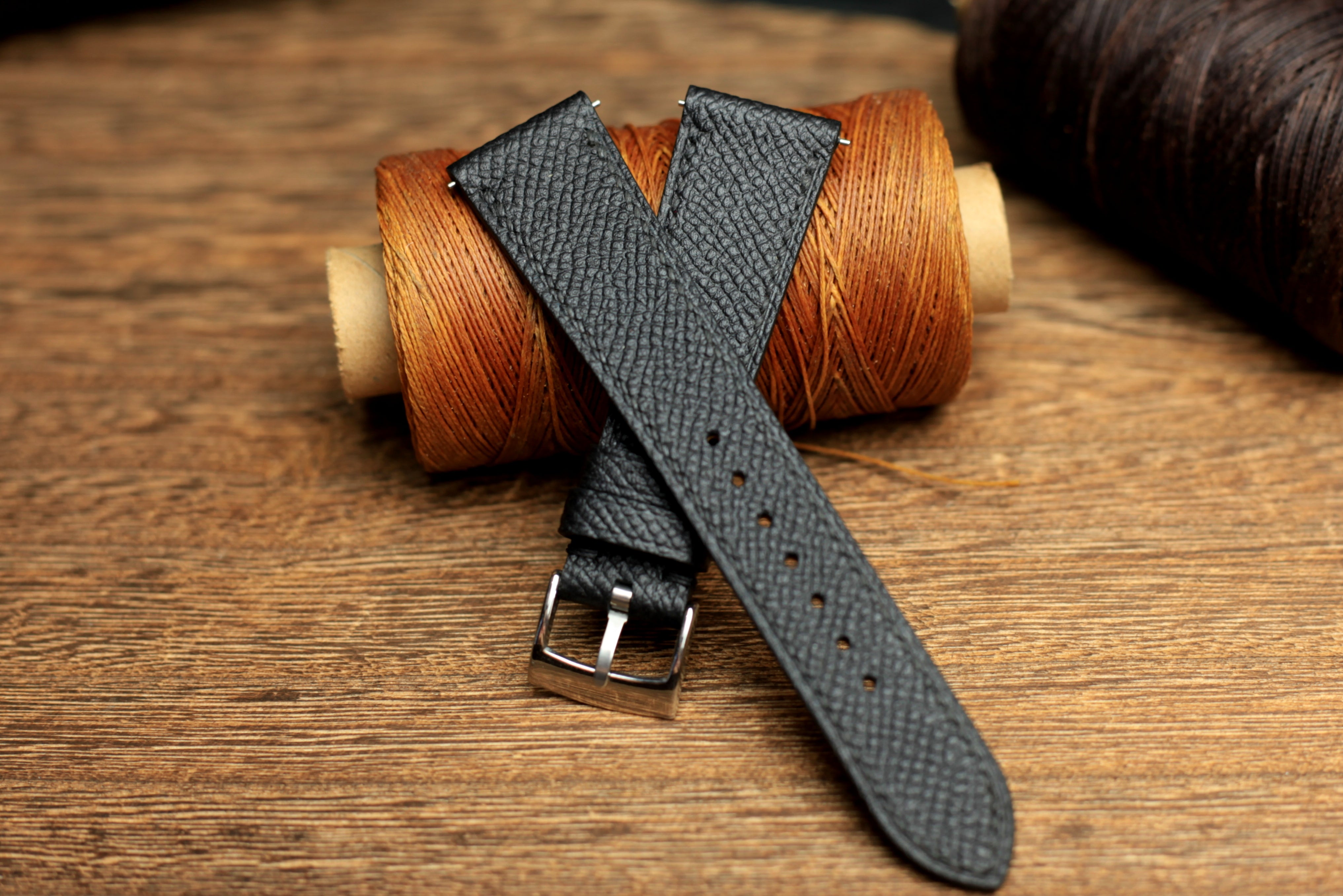 LEATHER WATCH STRAP, BLACK EPSOM LEATHER HANDMADE BAND.