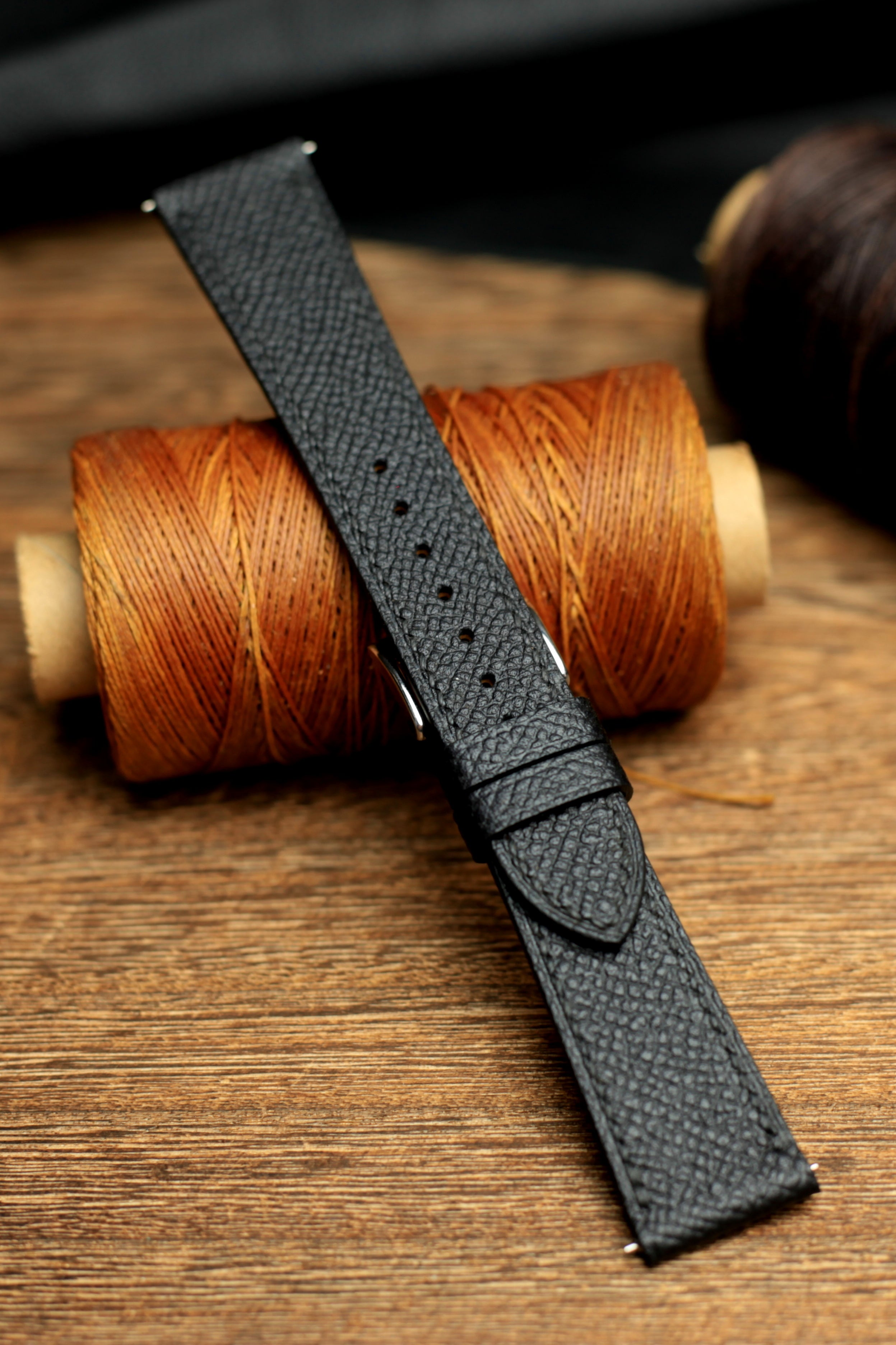 LEATHER WATCH STRAP, BLACK EPSOM LEATHER HANDMADE BAND.