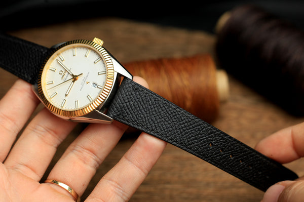 LEATHER WATCH STRAP, BLACK EPSOM LEATHER HANDMADE BAND.