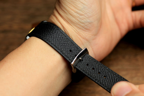 LEATHER WATCH STRAP, BLACK EPSOM LEATHER HANDMADE BAND.