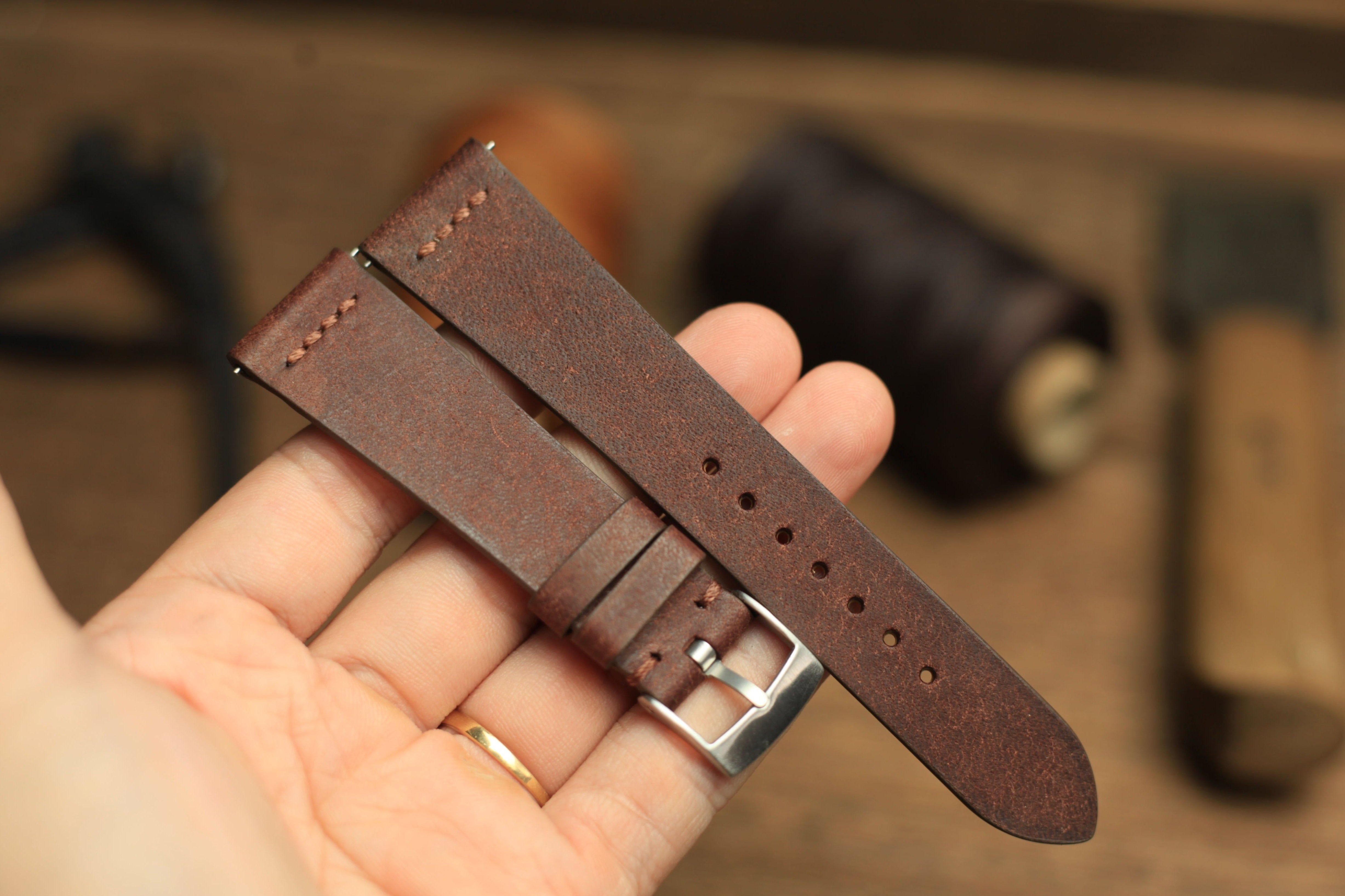 ROW-STITCH PUEBLO TOBACCO BROWN LEATHER HANDMADE WATCH STRAP, QUICK RELEASE