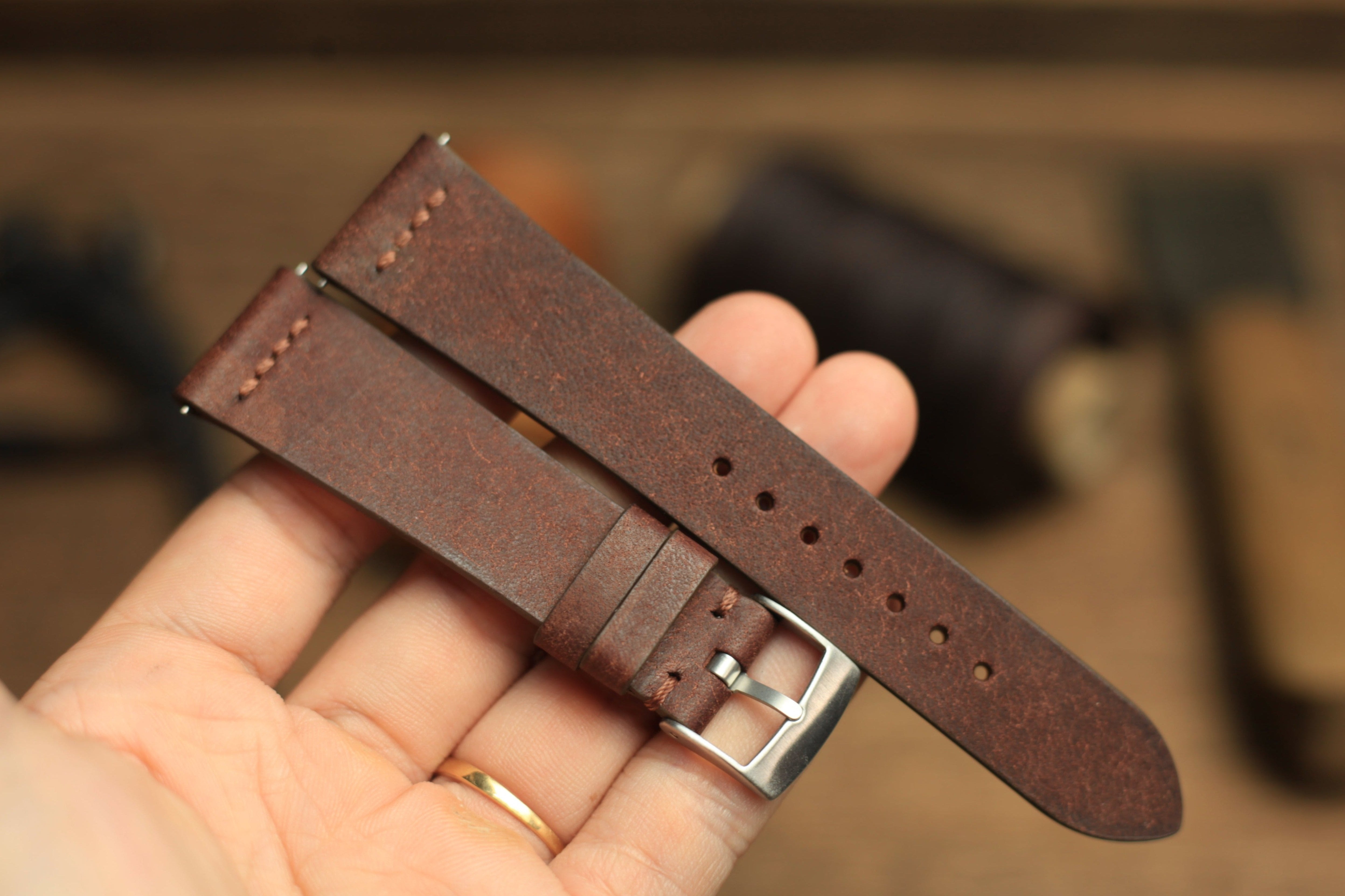 Row-Stitch Pueblo Coffee Brown Leather Handmade Watch Strap, Quick Release