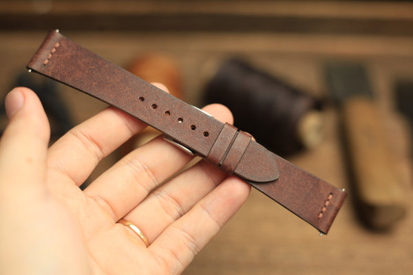 ROW-STITCH PUEBLO TOBACCO BROWN LEATHER HANDMADE WATCH STRAP, QUICK RELEASE