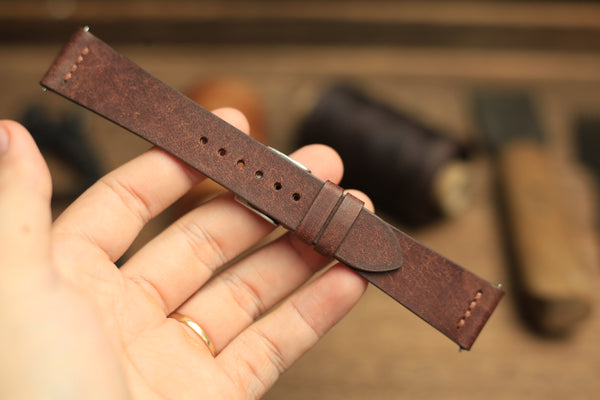 ROW-STITCH PUEBLO COFFEE BROWN LEATHER HANDMADE WATCH STRAP, QUICK RELEASE