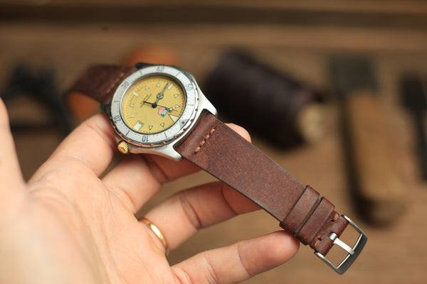 ROW-STITCH PUEBLO COFFEE BROWN LEATHER HANDMADE WATCH STRAP, QUICK RELEASE