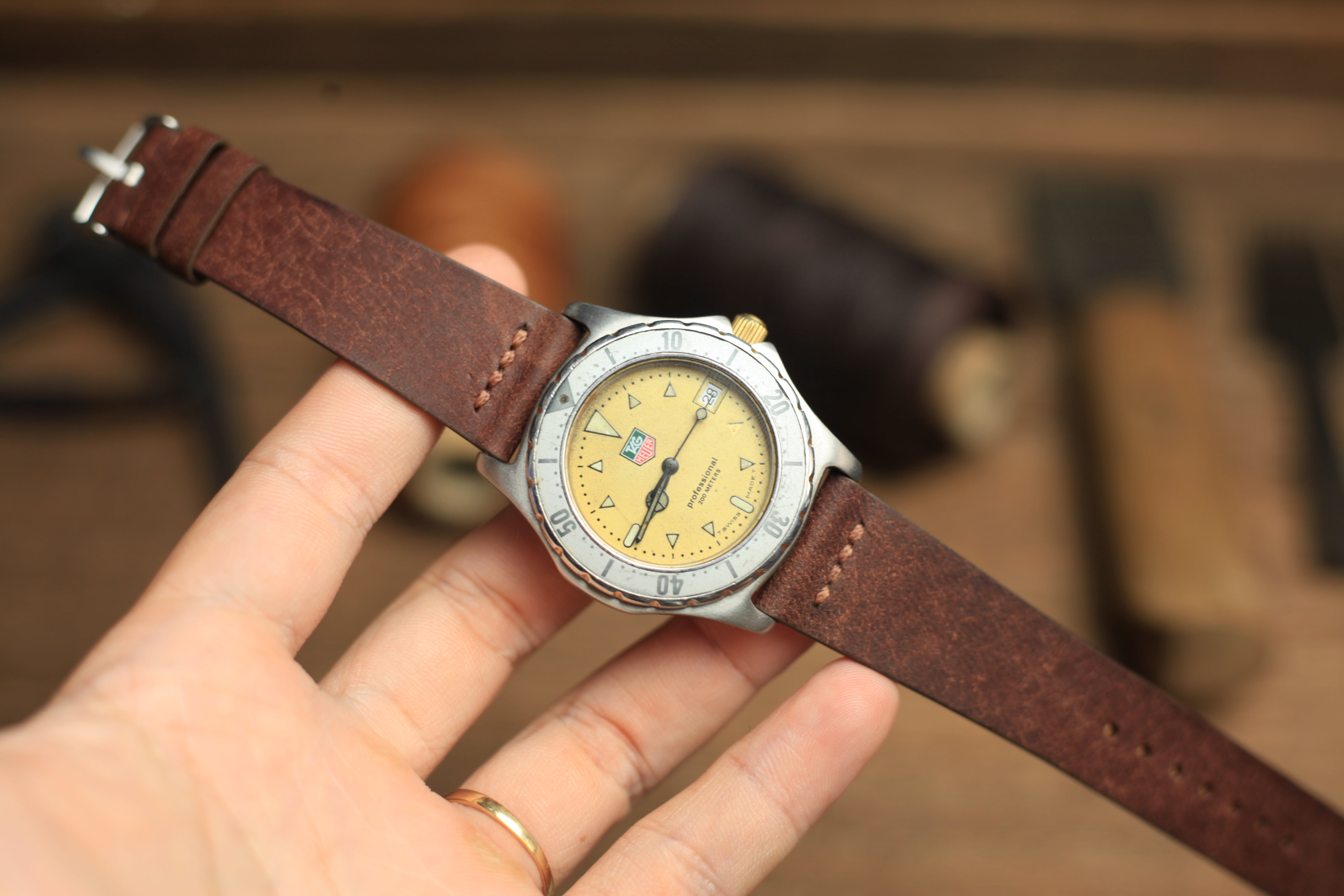 Row-Stitch Pueblo Tobacco Brown Leather Handmade Watch Strap, Quick Release