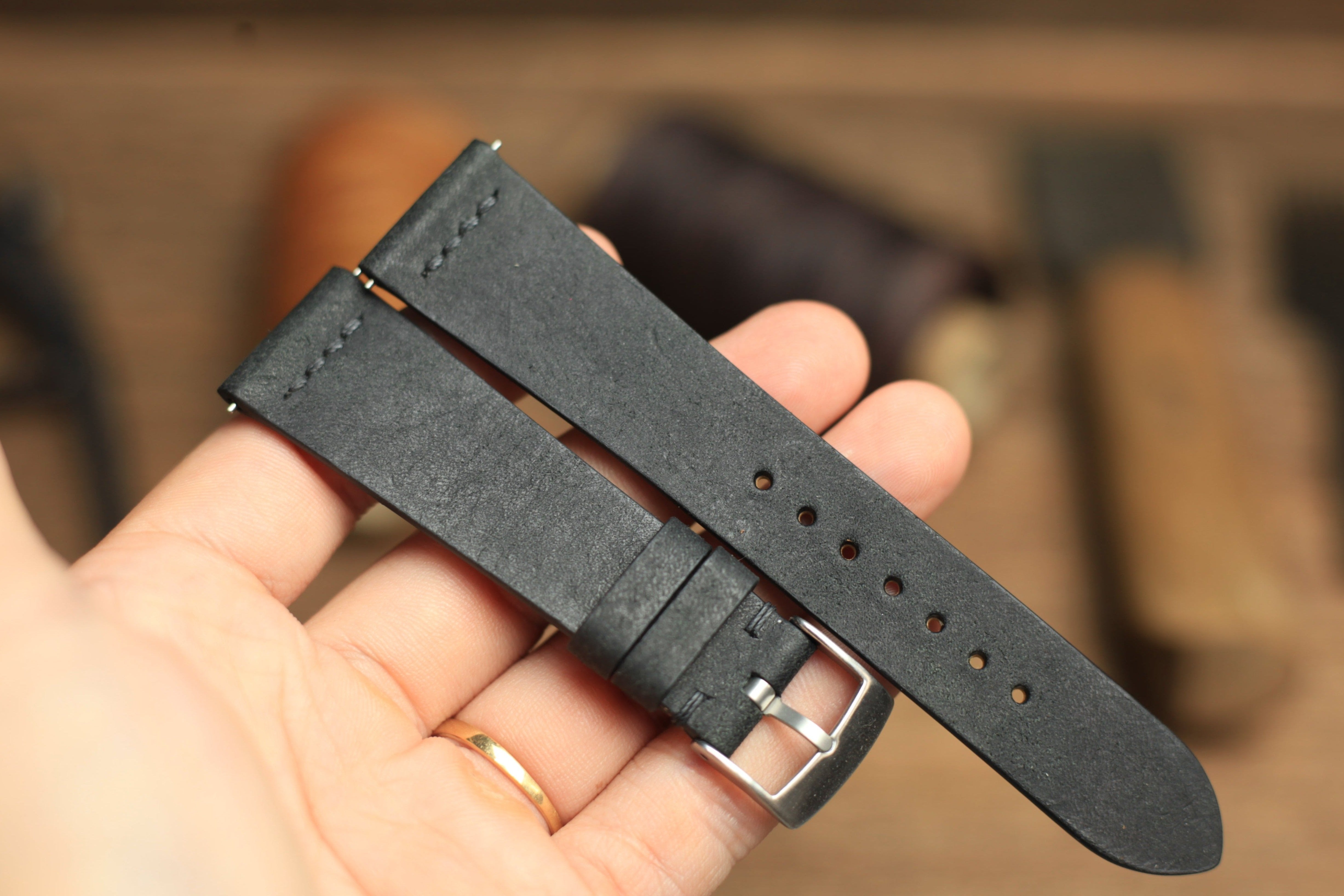 Row-Stitch Pueblo Black Leather Quick Release Watch Strap