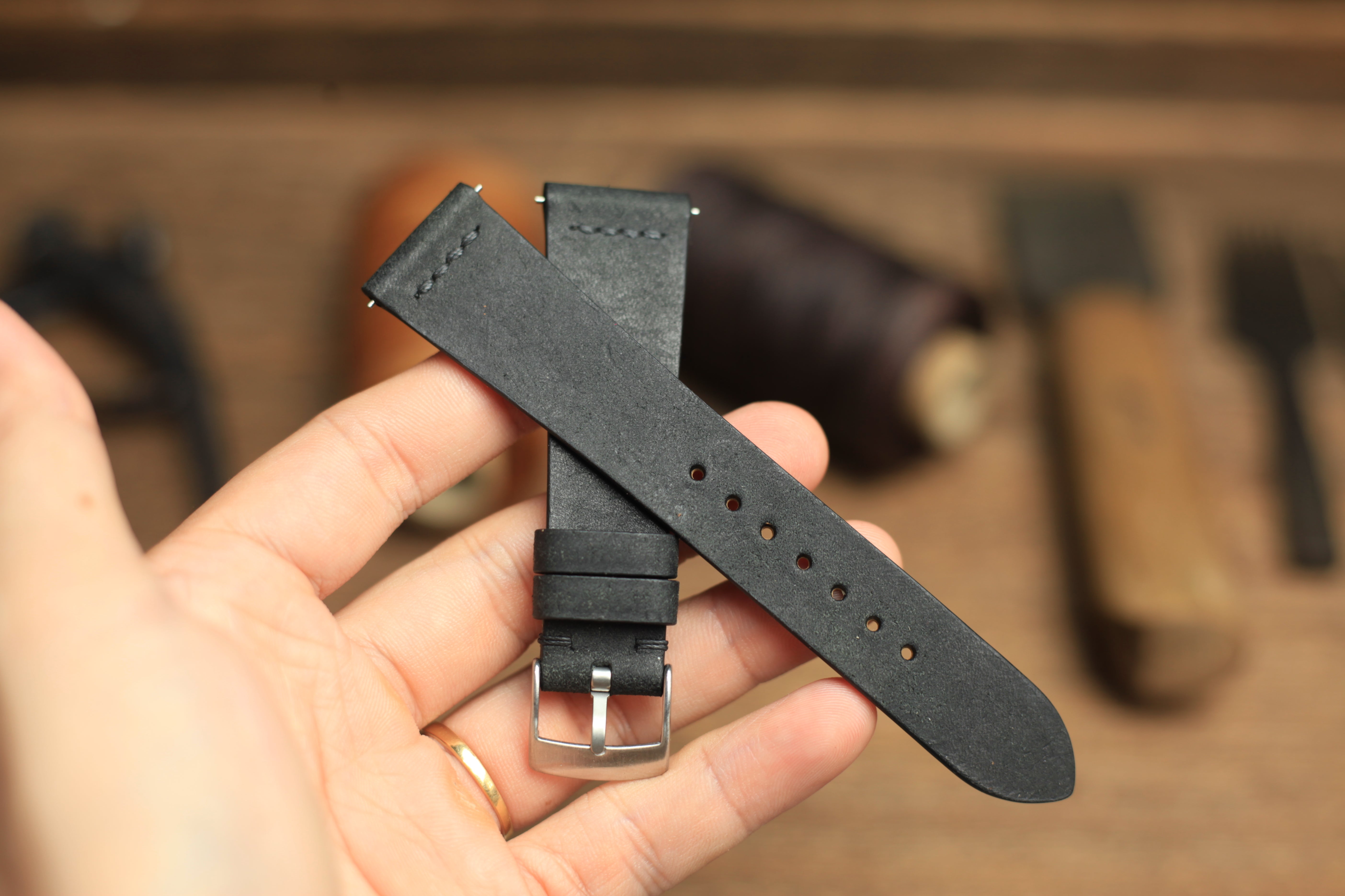 Row-Stitch Pueblo Black Leather Quick Release Watch Strap