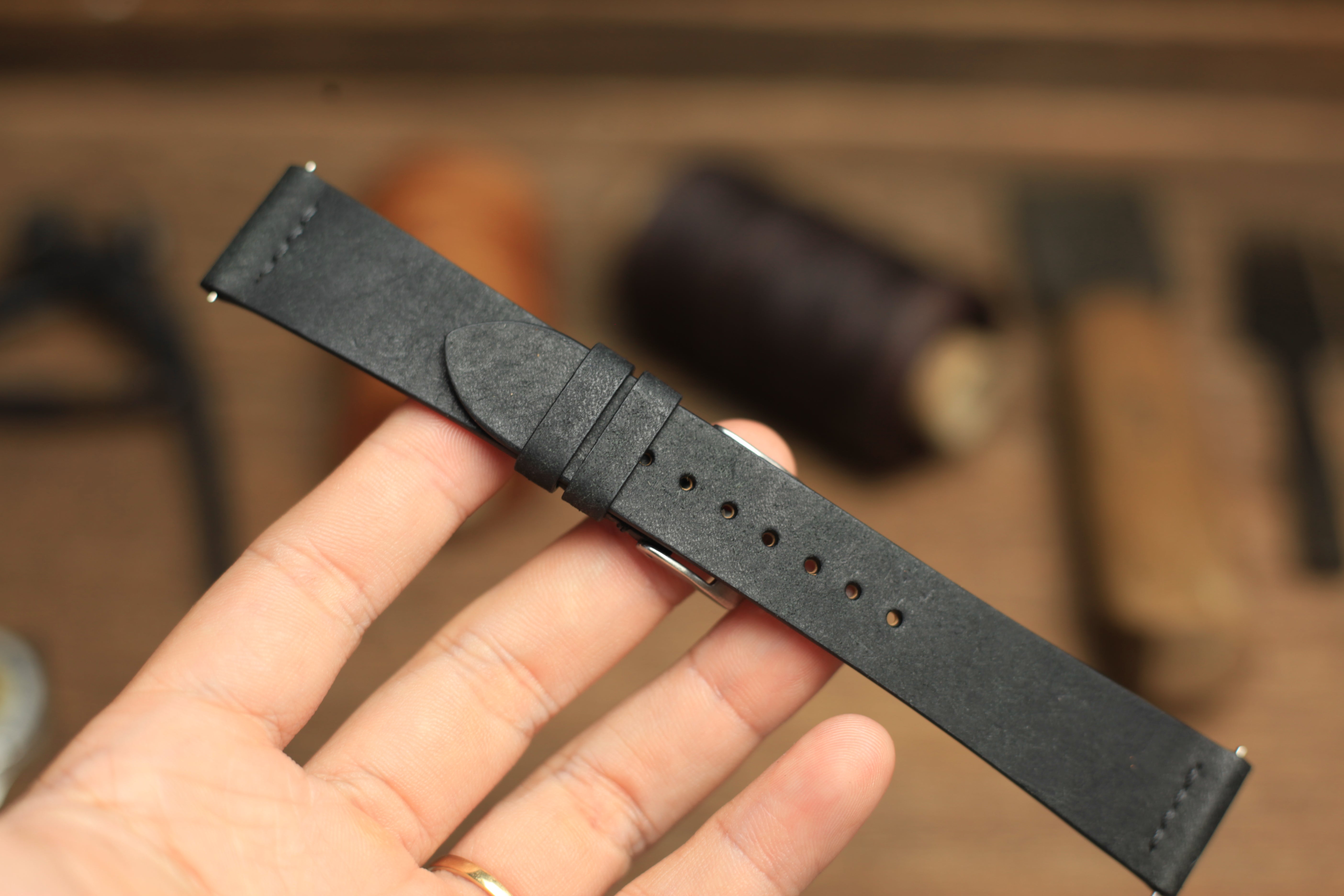 Row-Stitch Pueblo Black Leather Quick Release Watch Strap