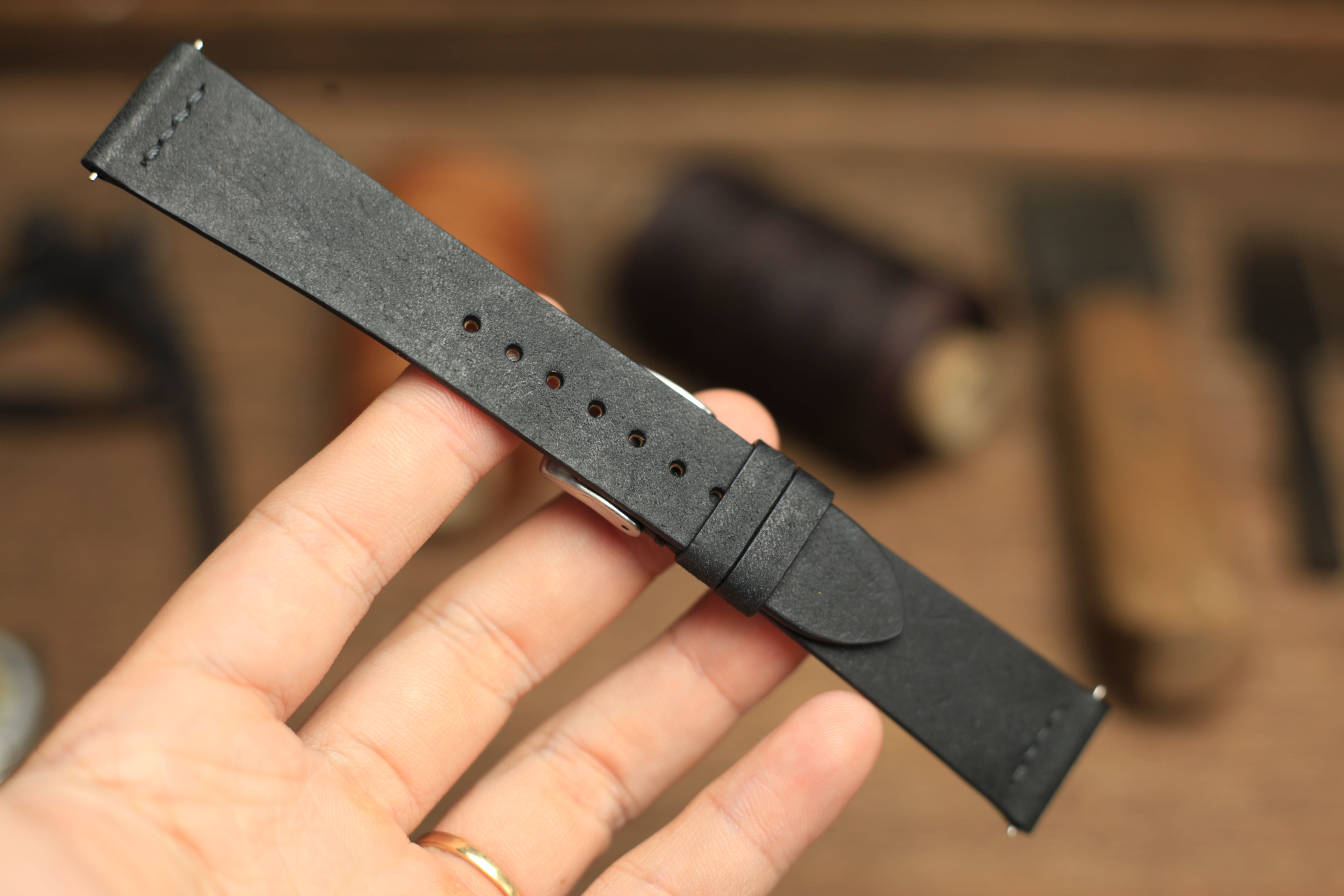 Row-Stitch Pueblo Black Leather Quick Release Watch Strap
