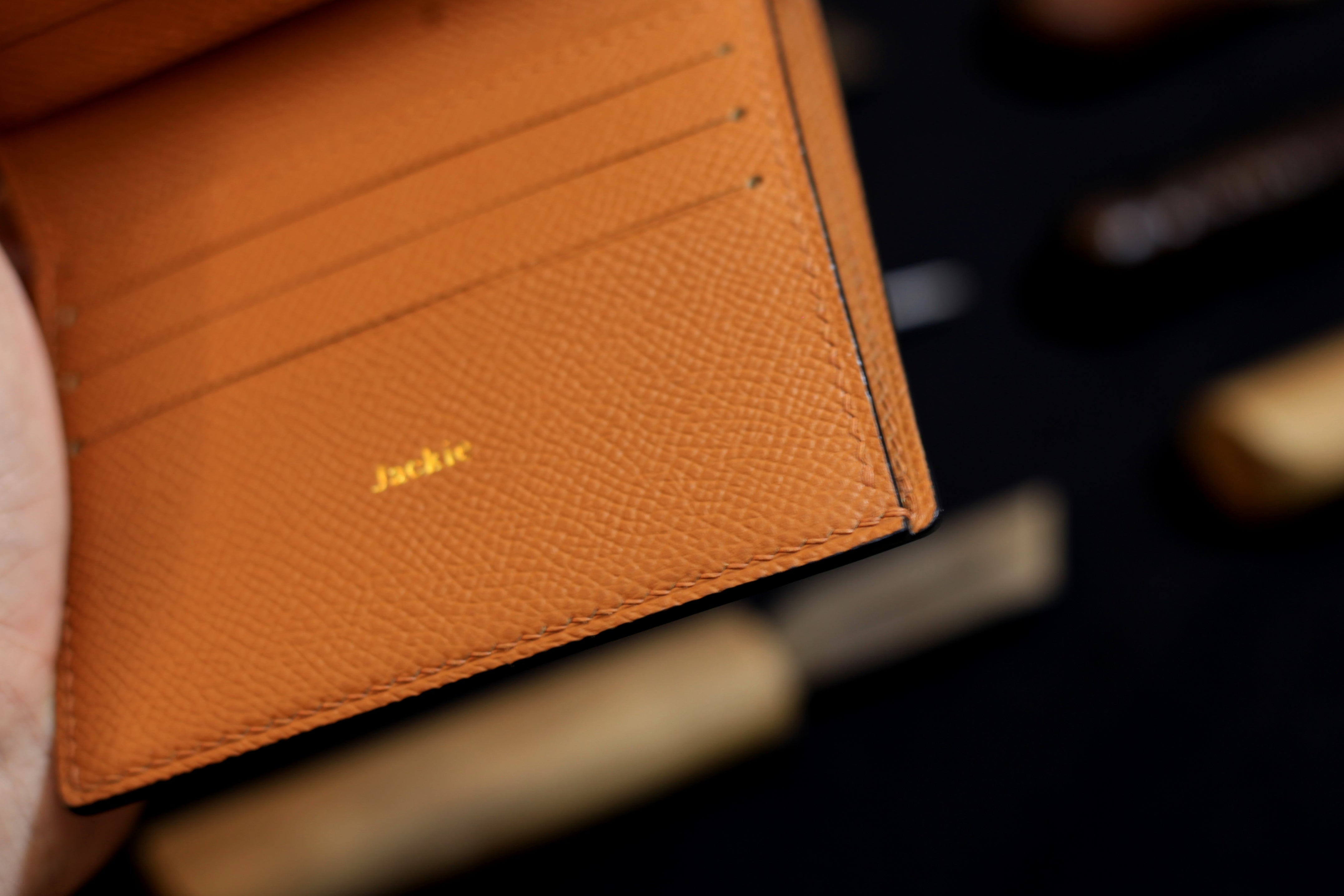 Bifold Men's Handmade Wallet, Epsom Black/Gold Brown Leather
