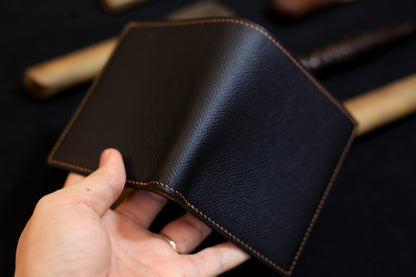 Bifold Men's Handmade Wallet, Epsom Black/Gold Brown Leather