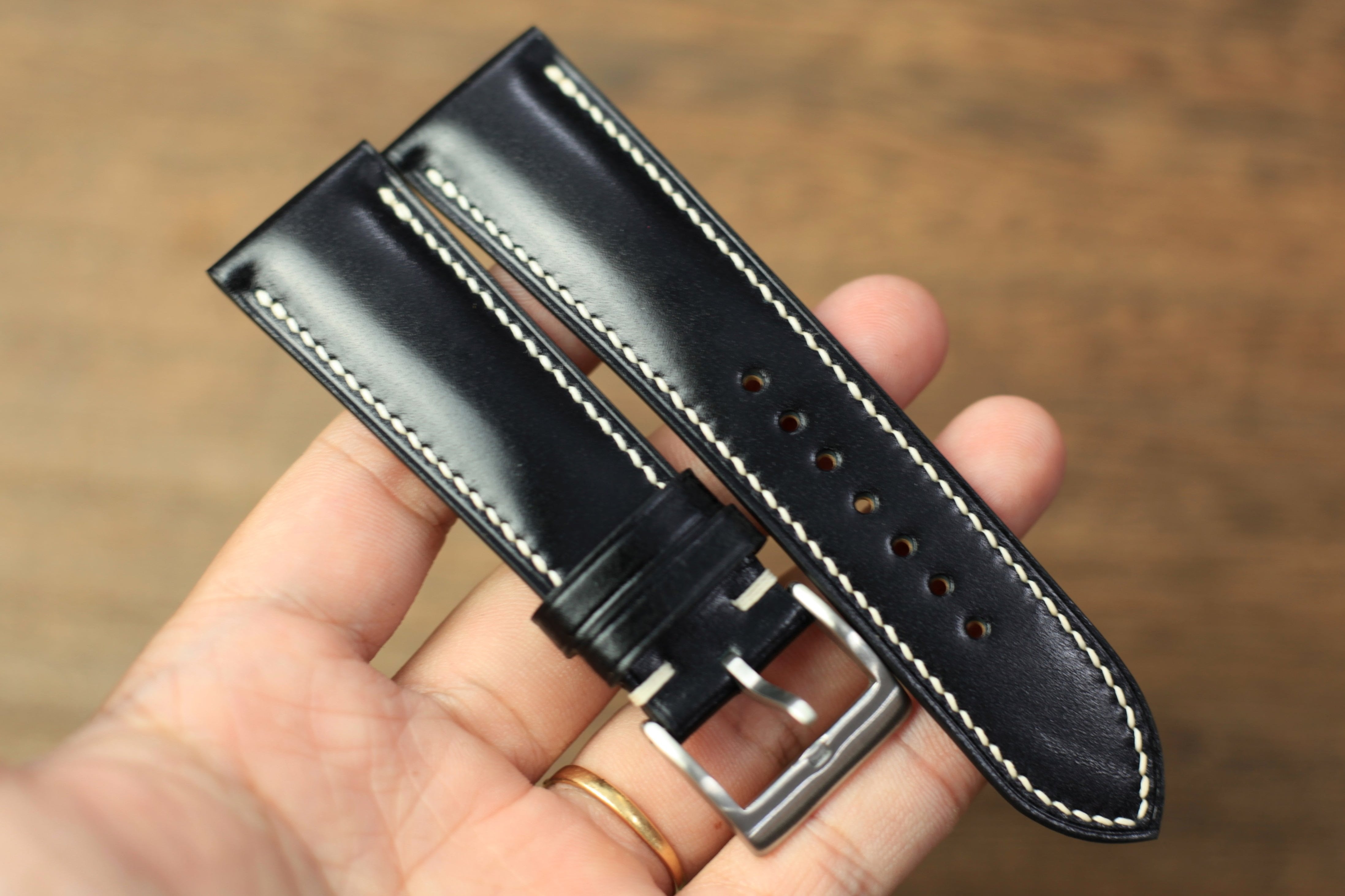 Black Shell Cordovan Leather Watch Strap, Handmade Watch Band, Quick Release Spring Bar