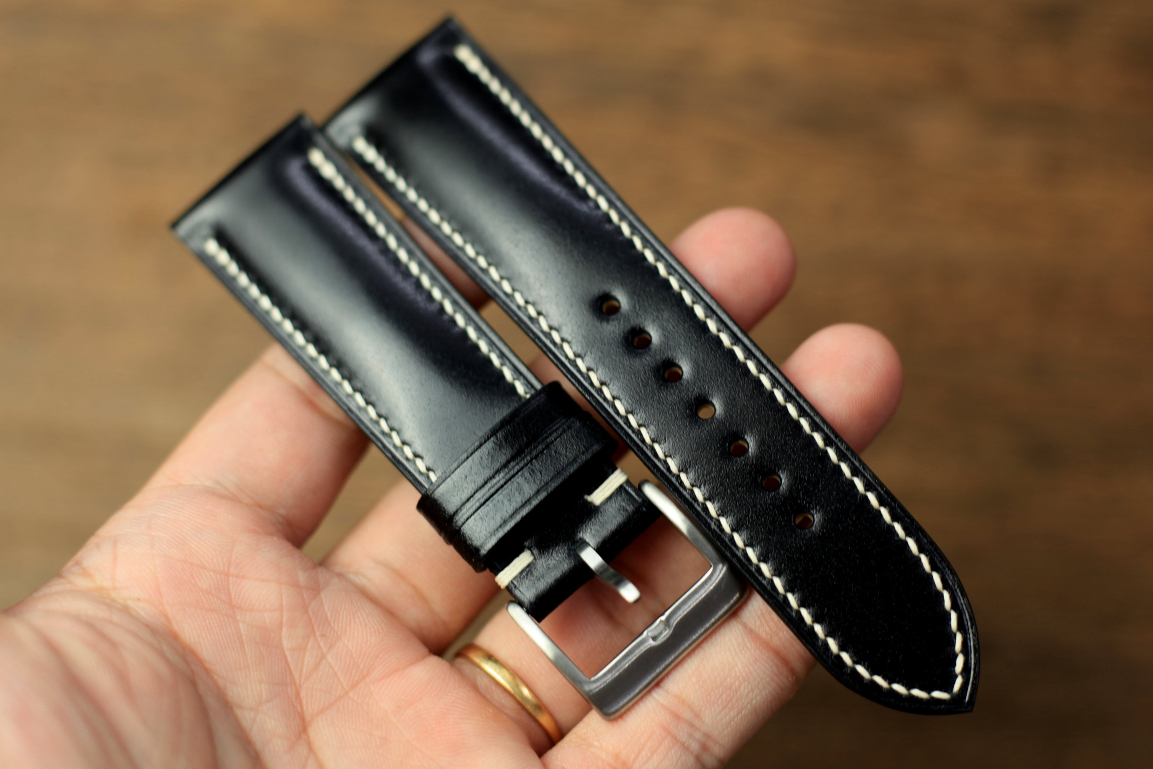 Black Shell Cordovan Leather Watch Strap, Handmade Watch Band, Quick Release Spring Bar
