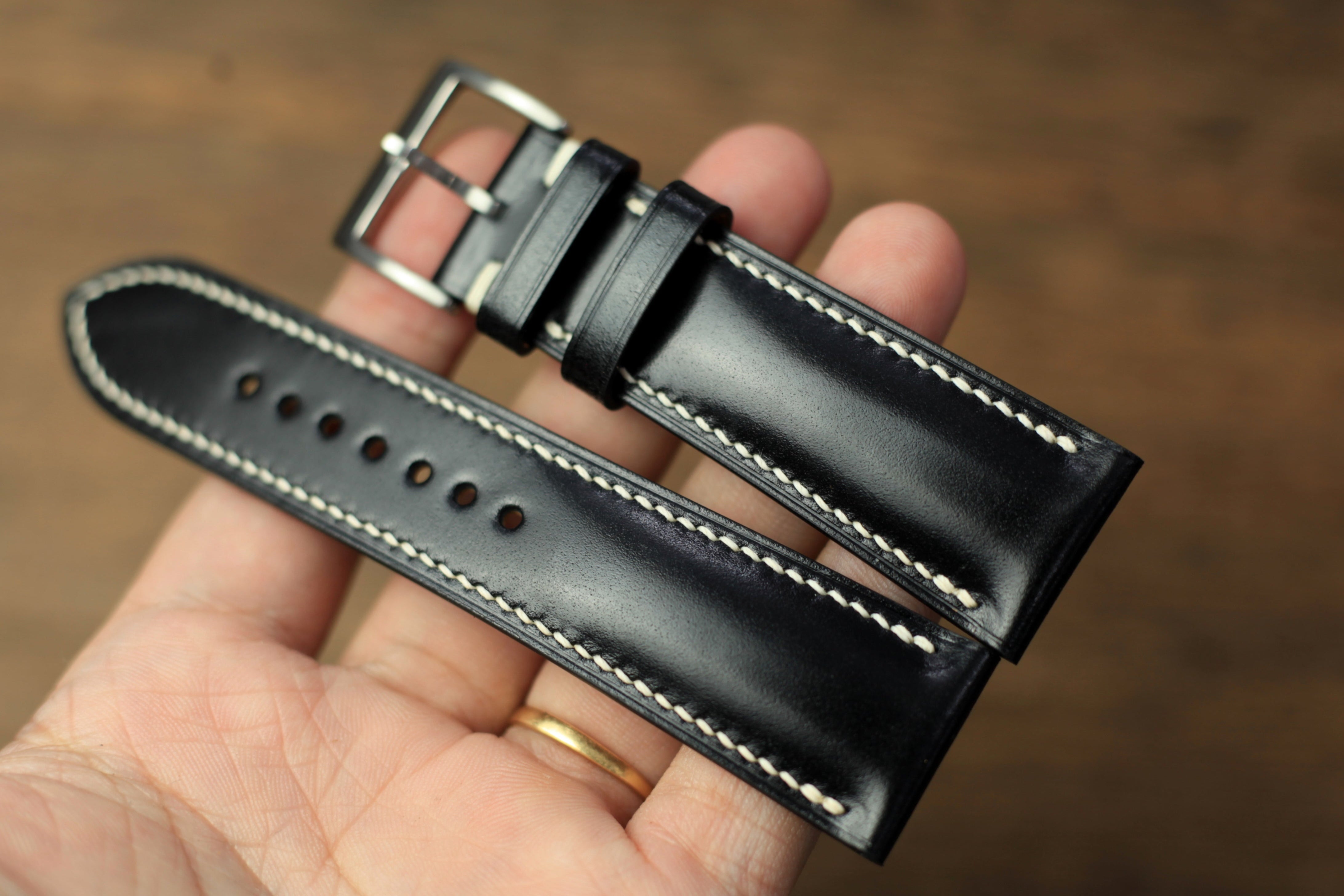 Black Shell Cordovan Leather Watch Strap, Handmade Watch Band, Quick Release Spring Bar