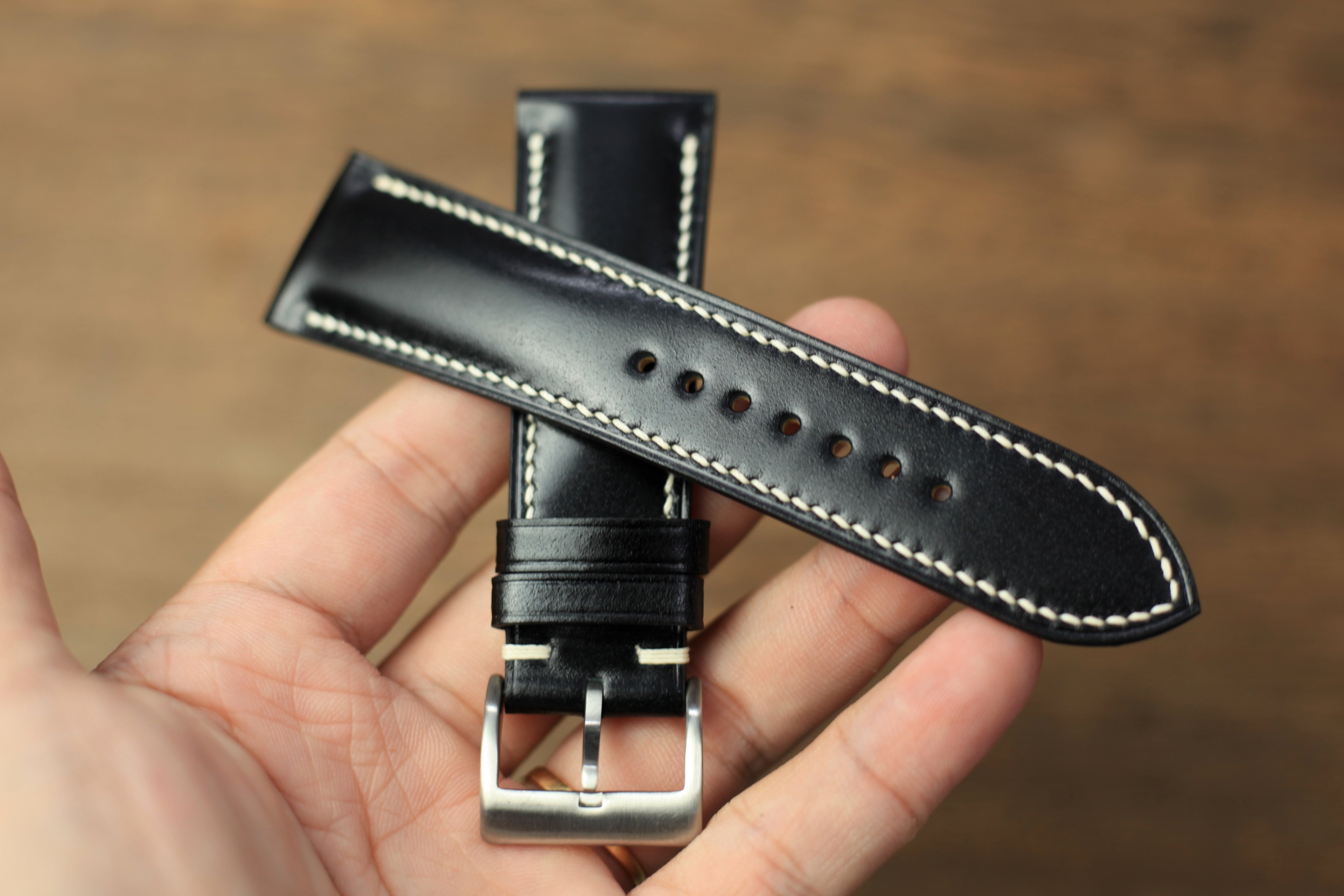 Black Shell Cordovan Leather Watch Strap, Handmade Watch Band, Quick Release Spring Bar