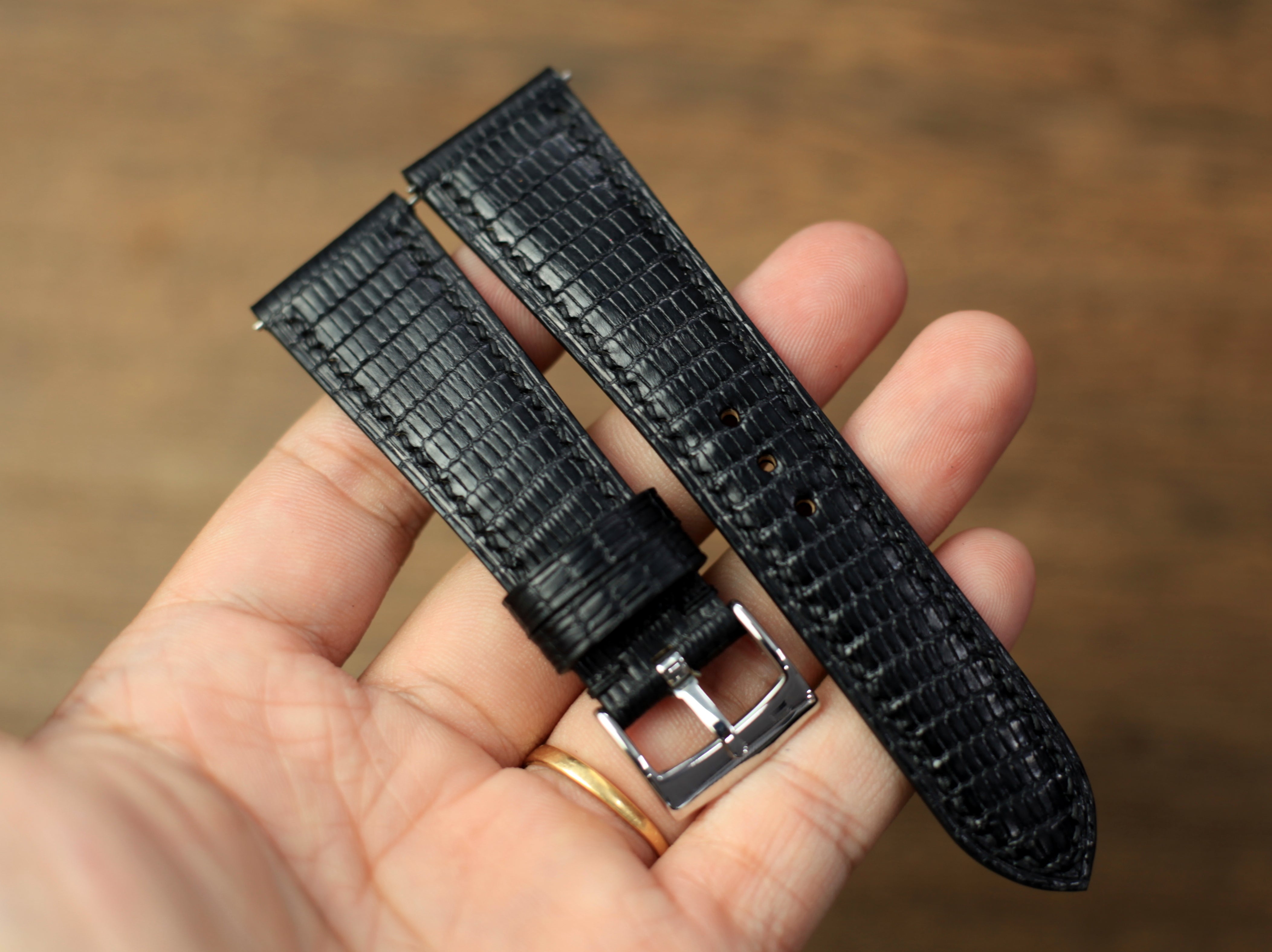 Black Lizard Leather Watch Strap, Quick Release Spring Bar