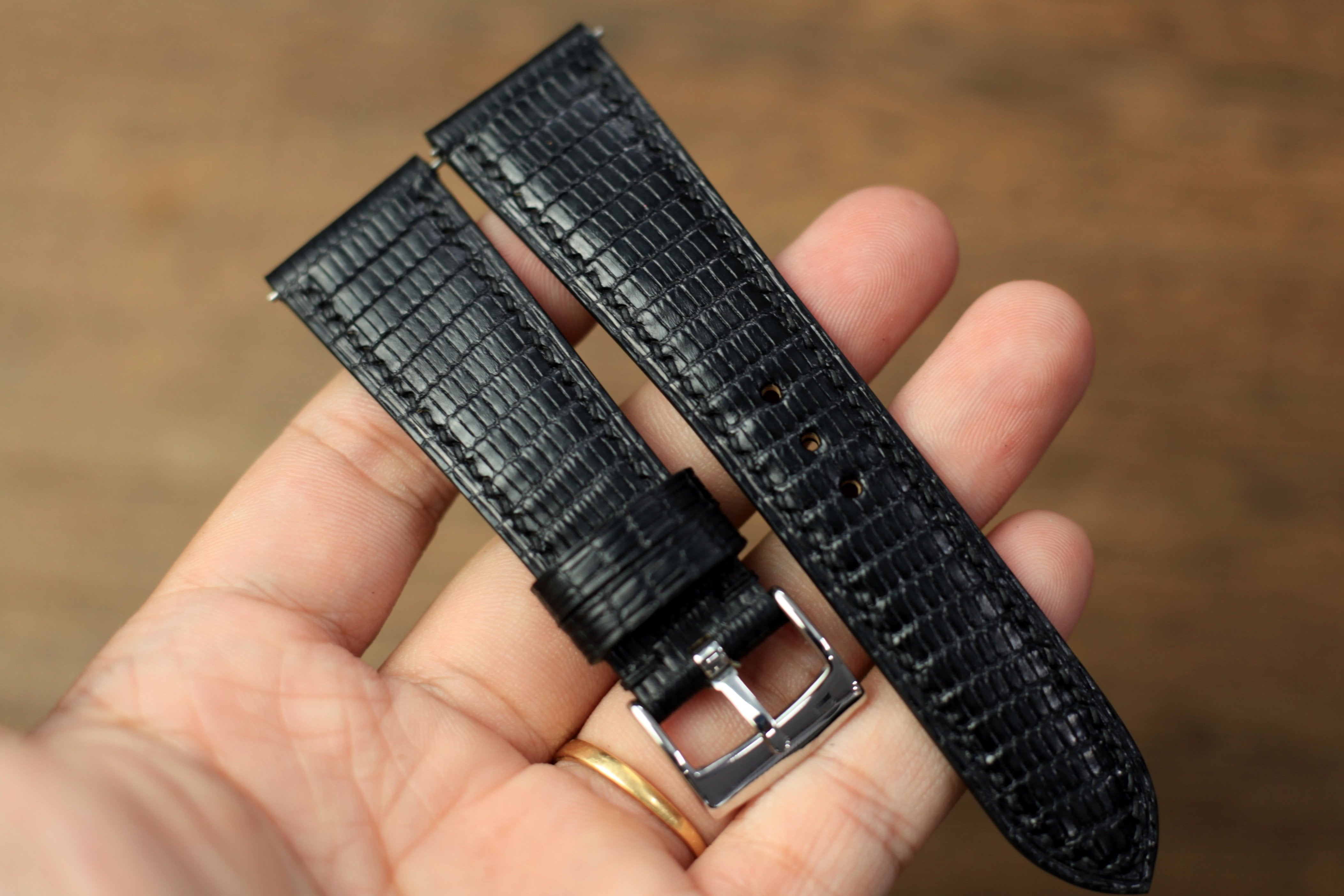 Leather Watch Strap, Black Lizard Handmade Watch Band
