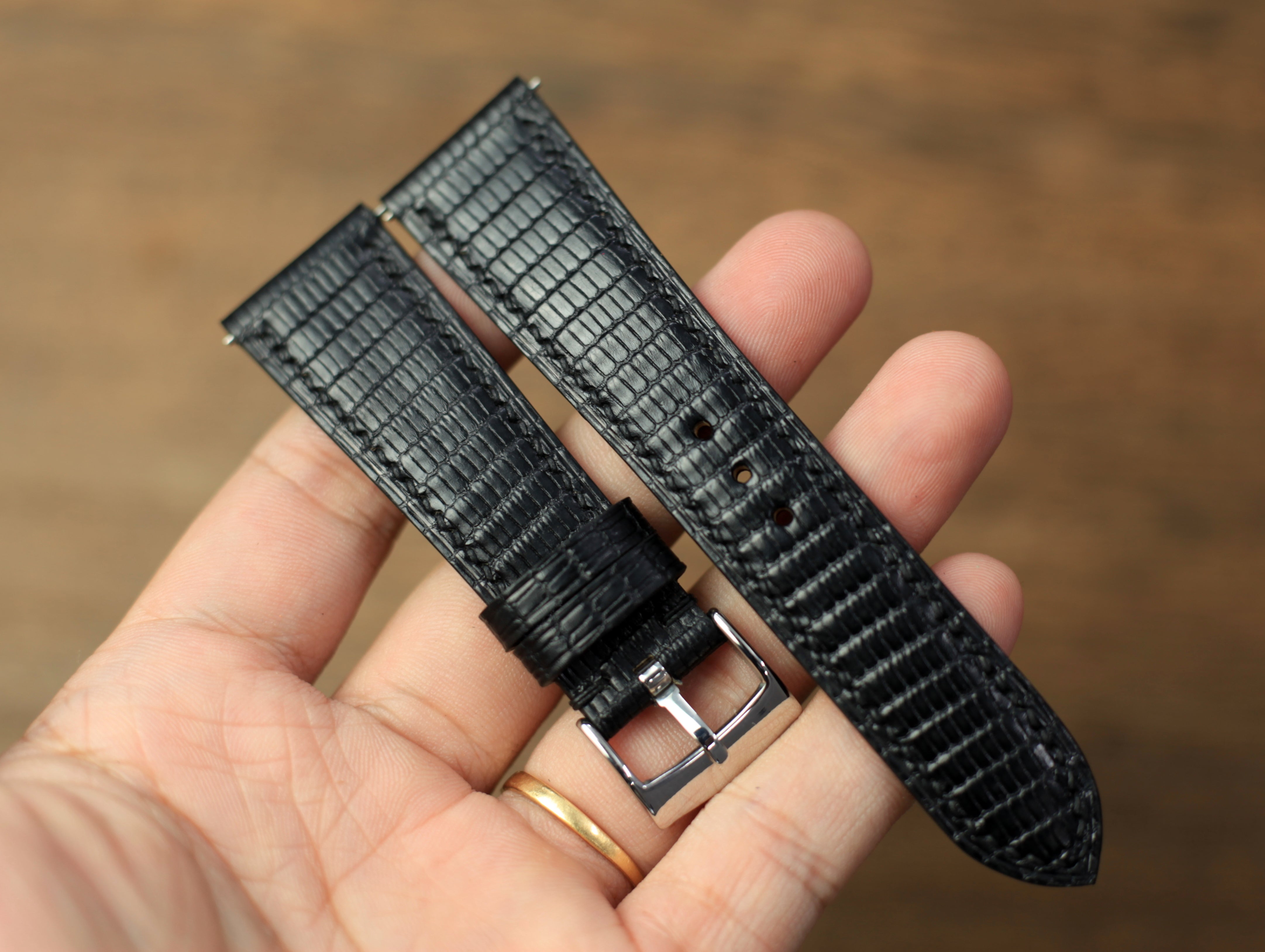 Leather Watch Strap, Black Lizard Handmade Watch Band