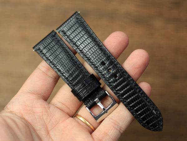 Black Lizard Leather Watch Strap, Quick Release Spring Bar