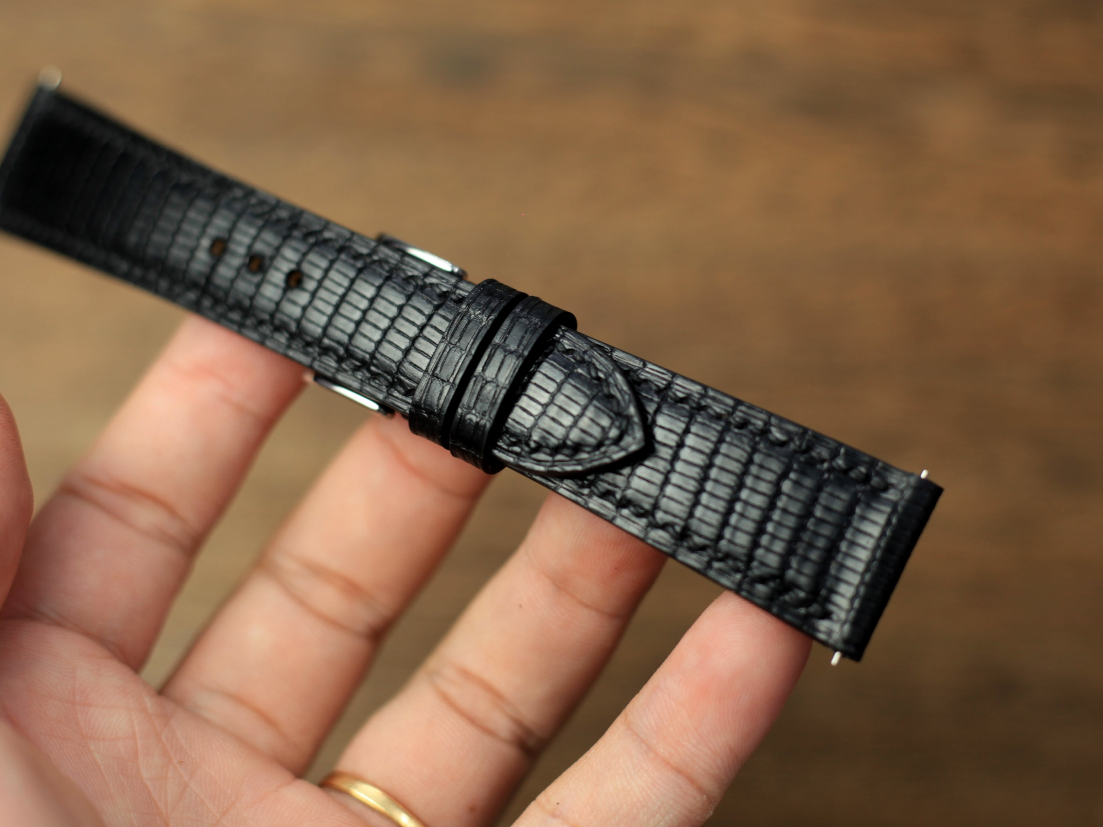 Leather Watch Strap, Black Lizard Handmade Watch Band