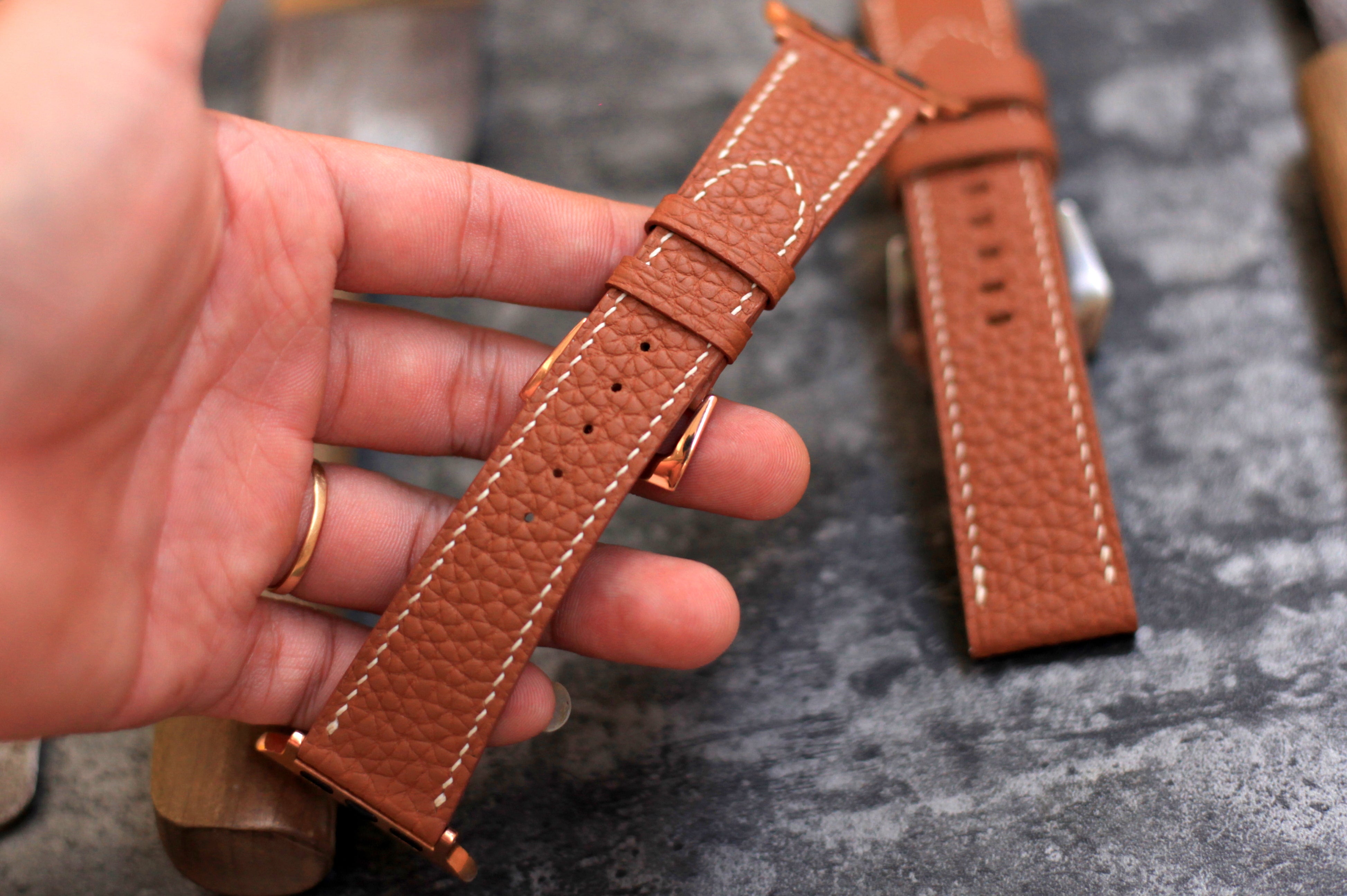 Apple Watch Leather Strap, Gold Brown Togo Leather Handmade