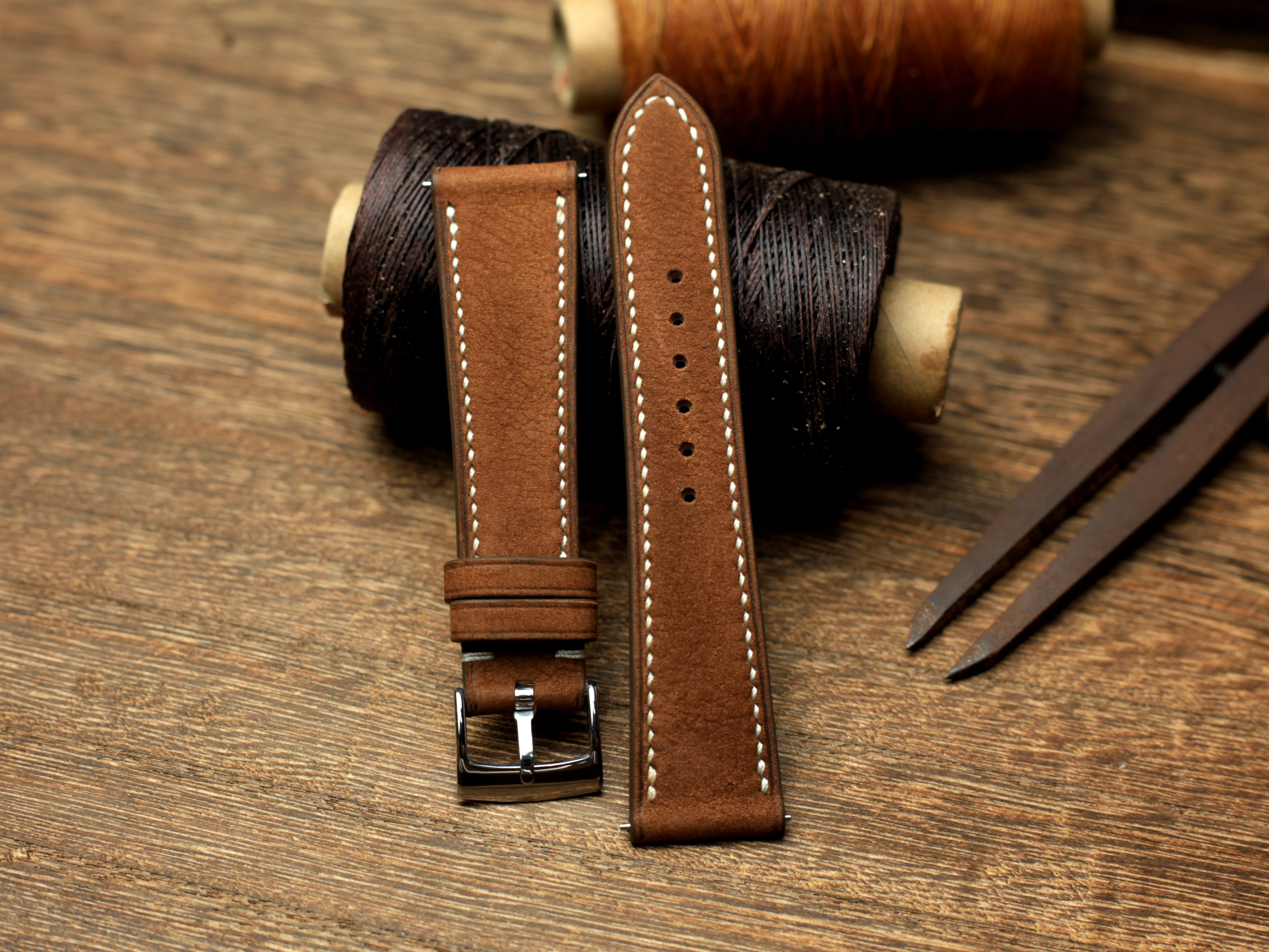 Nubuck Brown Leather Watch Strap, Handmade Watch Band, Quick Release Spring Bar
